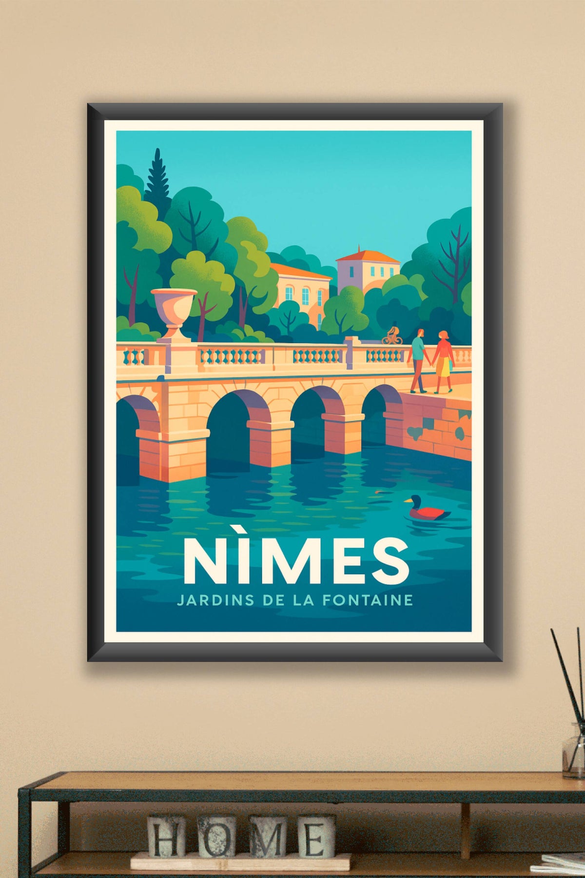 Affiche Nîmes — Promenade bucolique aux Jardins de la Fontaine · poster d'art de Nîmes