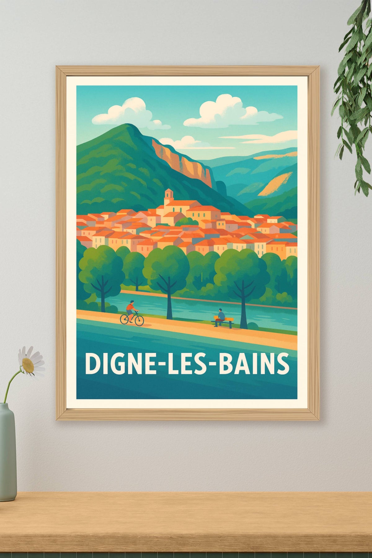 Affiche Digne-les-Bains — Charme provençal au fil de l'eau · poster d'art de Digne-les-Bains