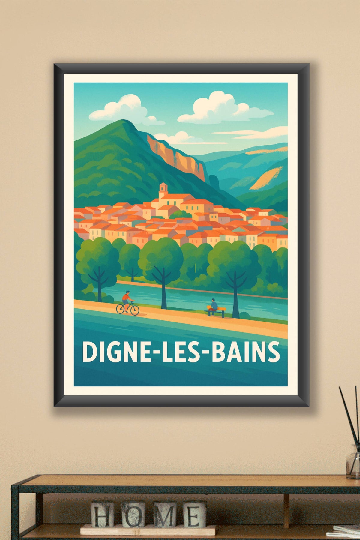 Affiche Digne-les-Bains — Charme provençal au fil de l'eau · poster d'art de Digne-les-Bains