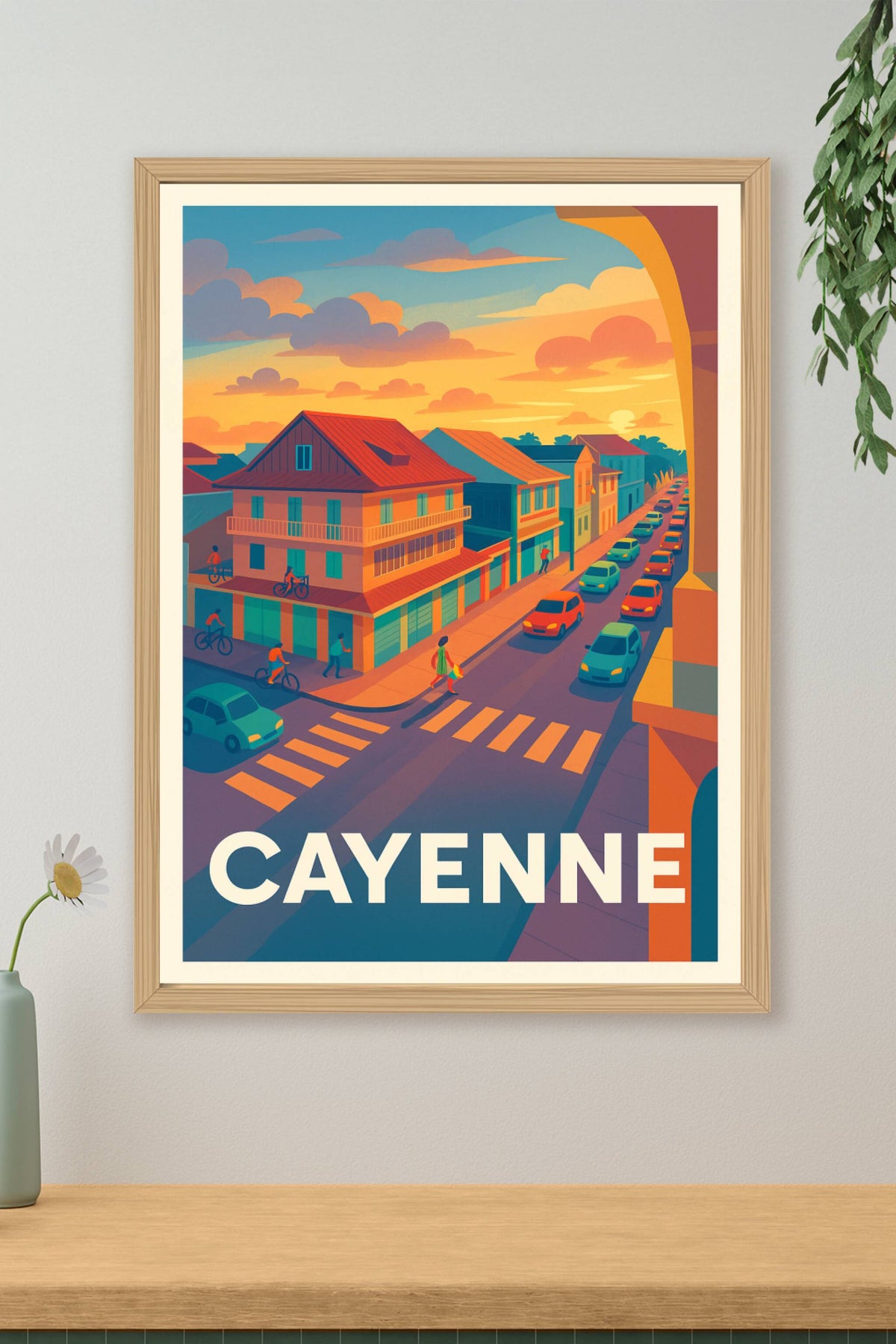 Affiche Cayenne — Lumières chaudes et vie urbaine au crépuscule · poster d'art de Cayenne