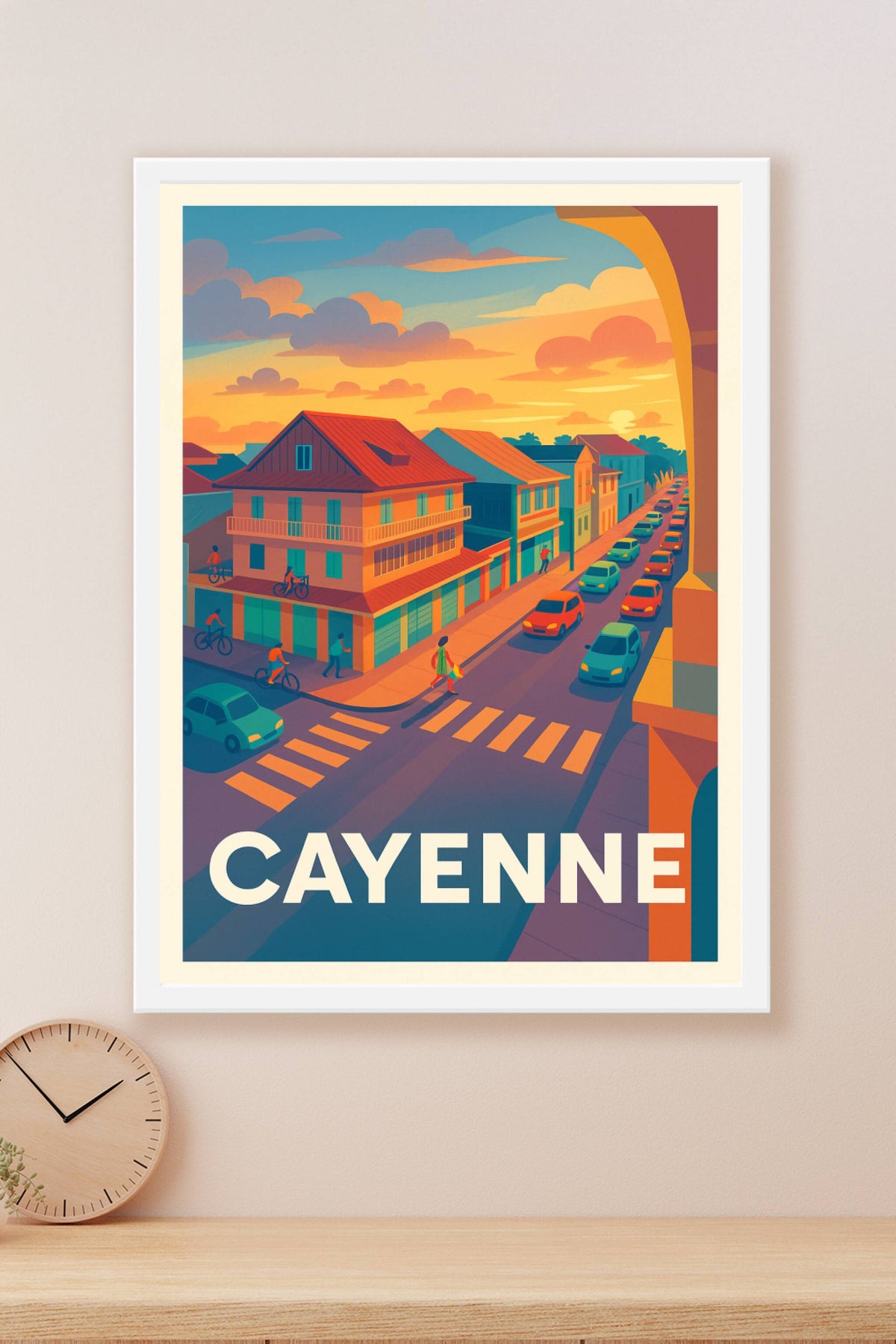 Affiche Cayenne — Lumières chaudes et vie urbaine au crépuscule · poster d'art de Cayenne