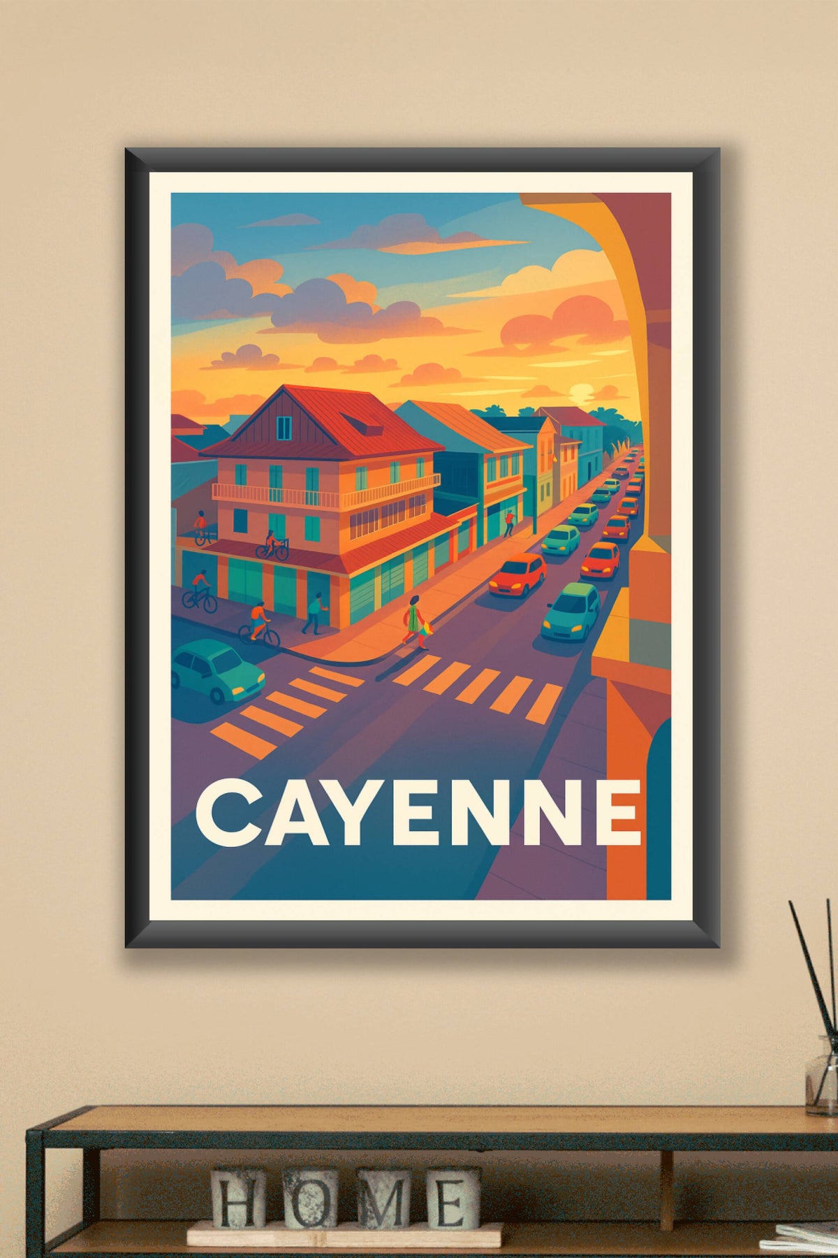 Affiche Cayenne — Lumières chaudes et vie urbaine au crépuscule · poster d'art de Cayenne