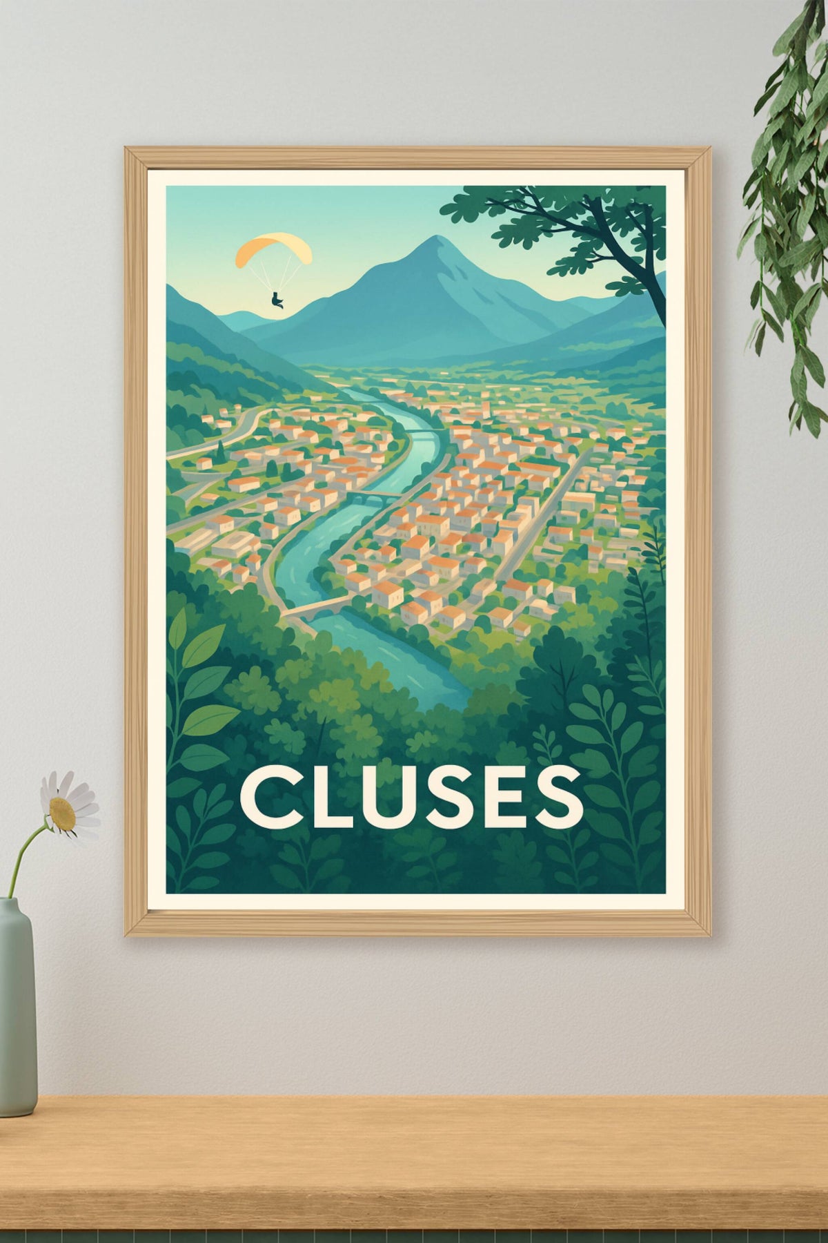 Affiche Cluses — Vue panoramique et envolée libre · poster d'art de Cluses