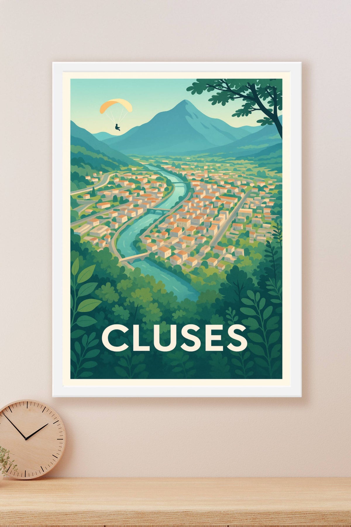 Affiche Cluses — Vue panoramique et envolée libre · poster d'art de Cluses