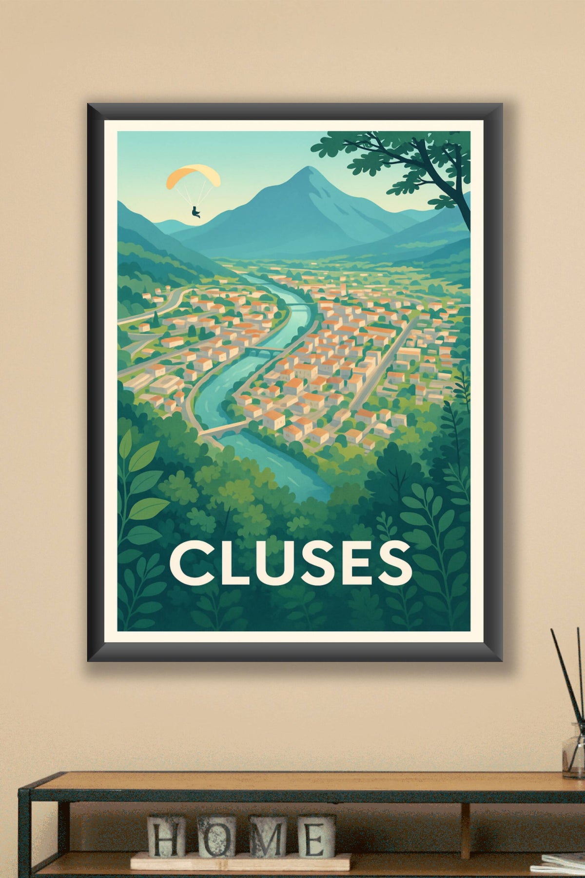 Affiche Cluses — Vue panoramique et envolée libre · poster d'art de Cluses