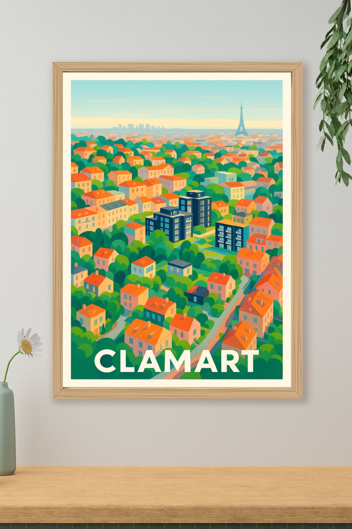 Affiche Clamart — Vue colorée sur la ville et ses toits rouges · poster d'art de Clamart