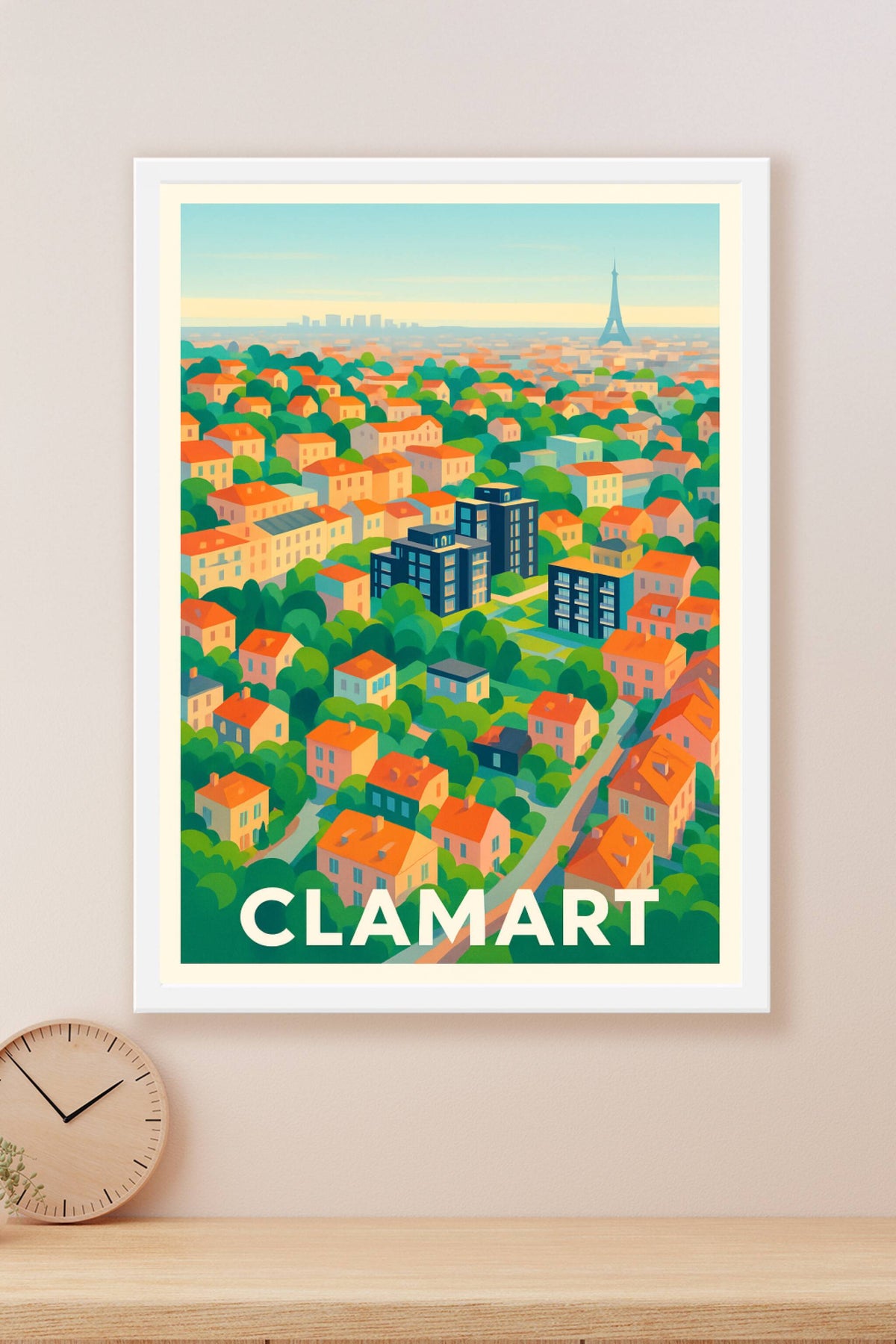 Affiche Clamart — Vue colorée sur la ville et ses toits rouges · poster d'art de Clamart