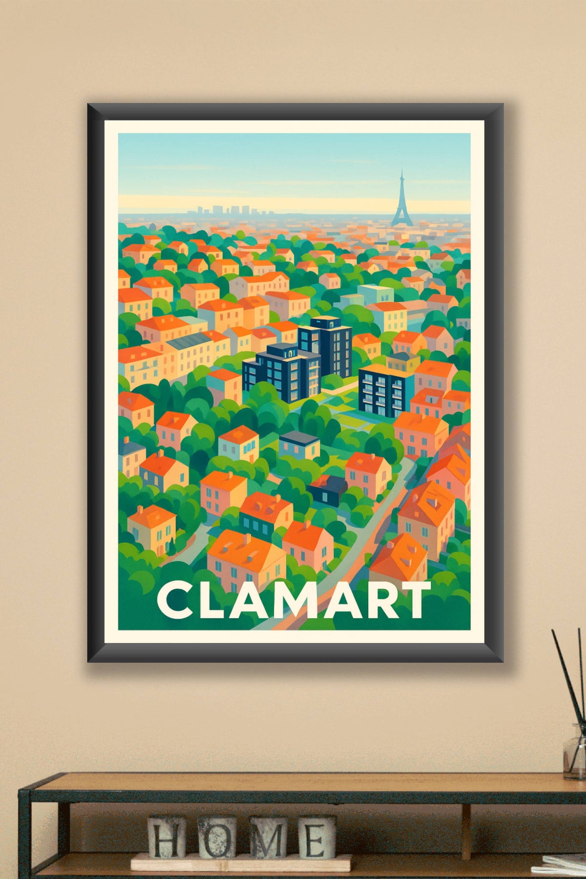 Affiche Clamart — Vue colorée sur la ville et ses toits rouges · poster d'art de Clamart