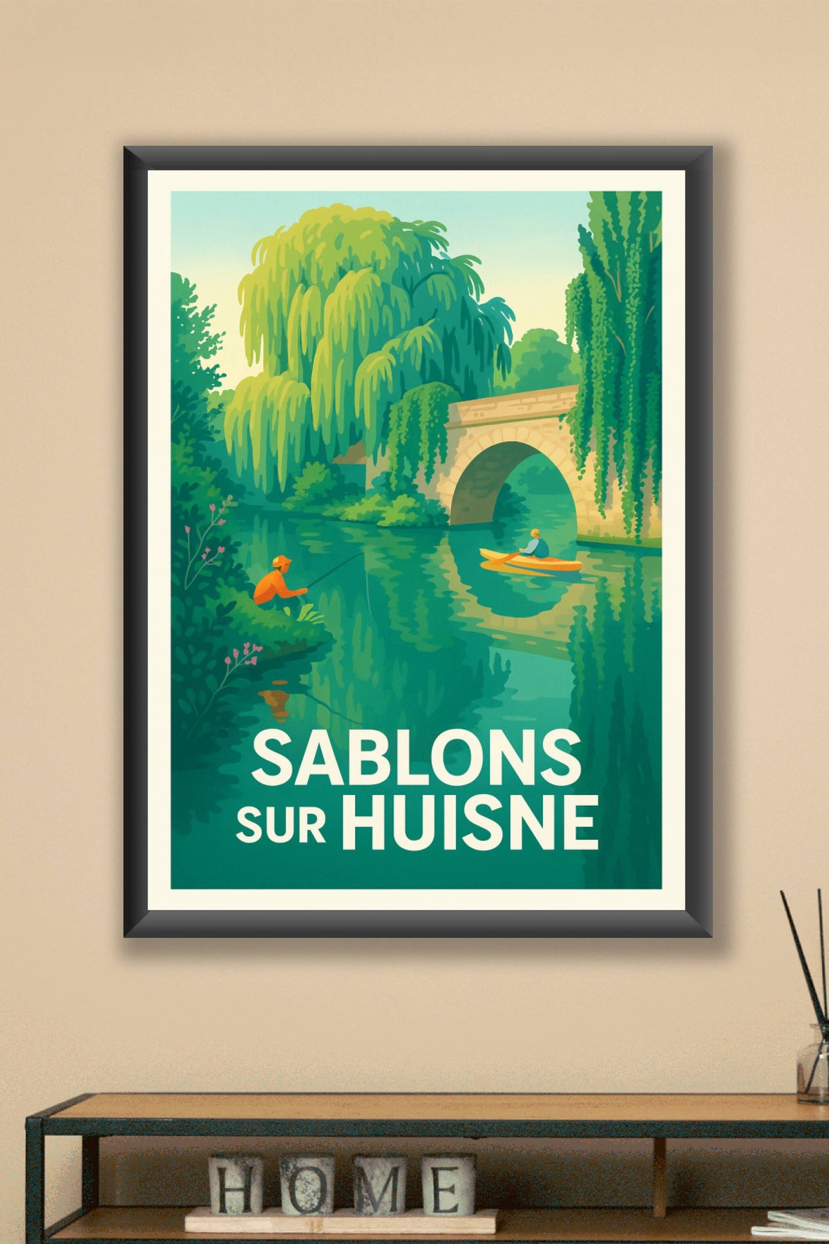 Affiche Sablons-sur-Huisne — Harmonie bucolique au fil de l'eau · poster d'art de Sablons-sur-Huisne