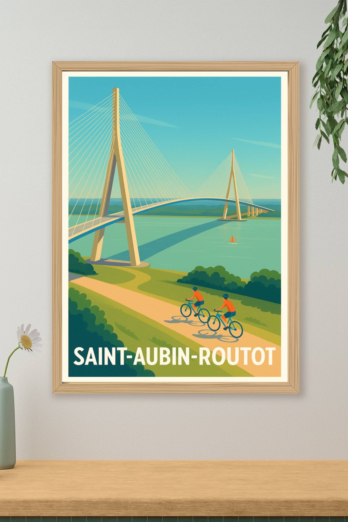 Affiche Saint-Aubin-Routot — L'élégance du pont et l'évasion à vélo · poster d'art de Saint-Aubin-Routot