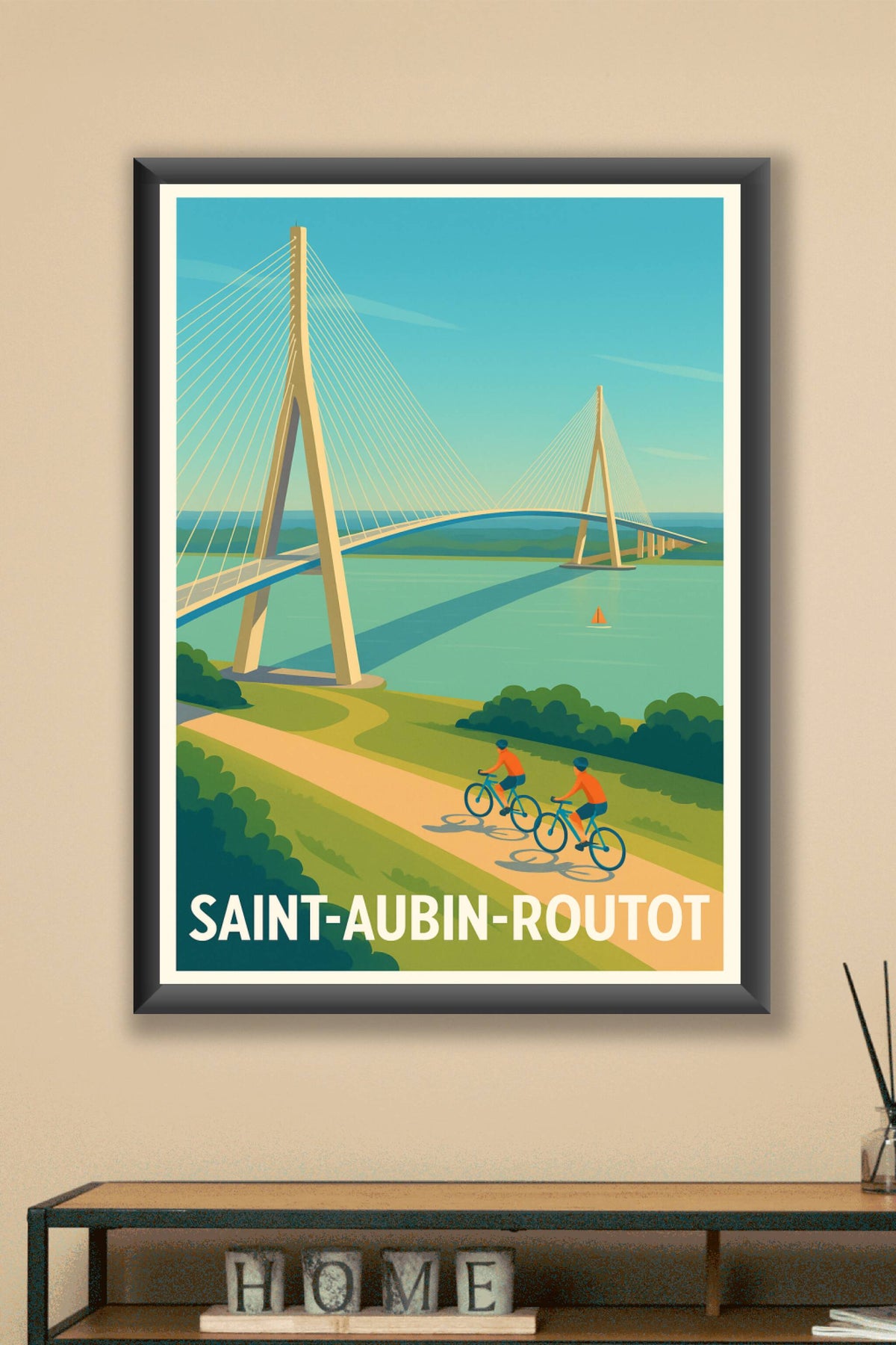 Affiche Saint-Aubin-Routot — L'élégance du pont et l'évasion à vélo · poster d'art de Saint-Aubin-Routot