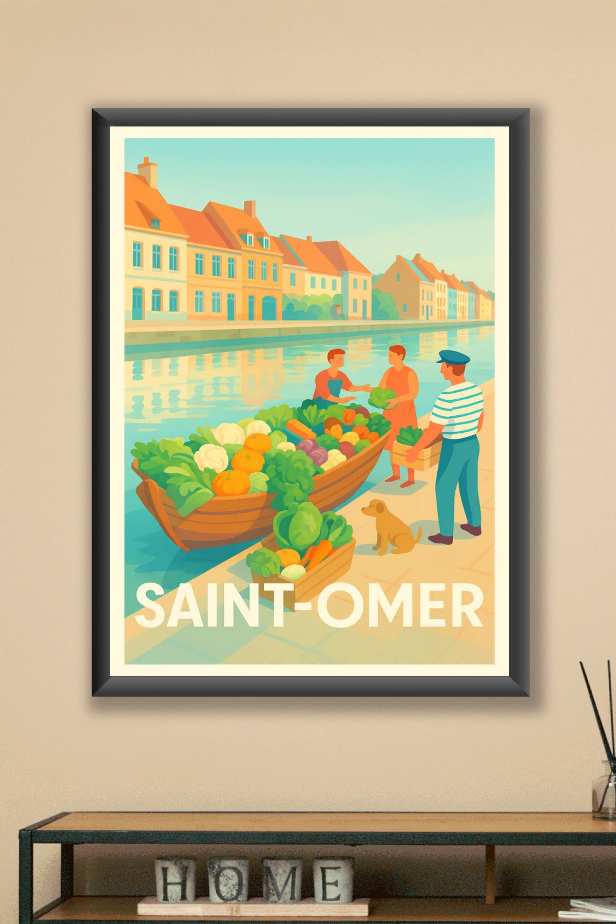 Affiche Saint-Omer — Le charme du marché au fil de l'eau · poster d'art de Saint-Omer