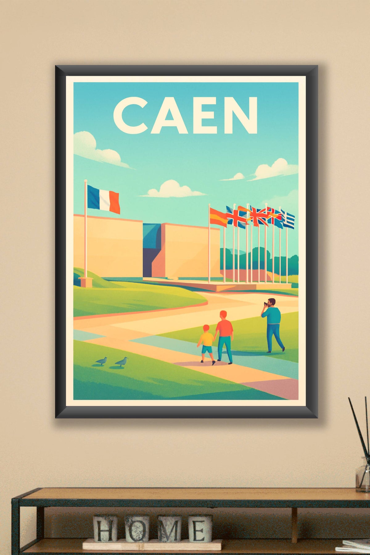 Affiche Caen — Escapade rétro aux plages normandes · poster d'art de Caen