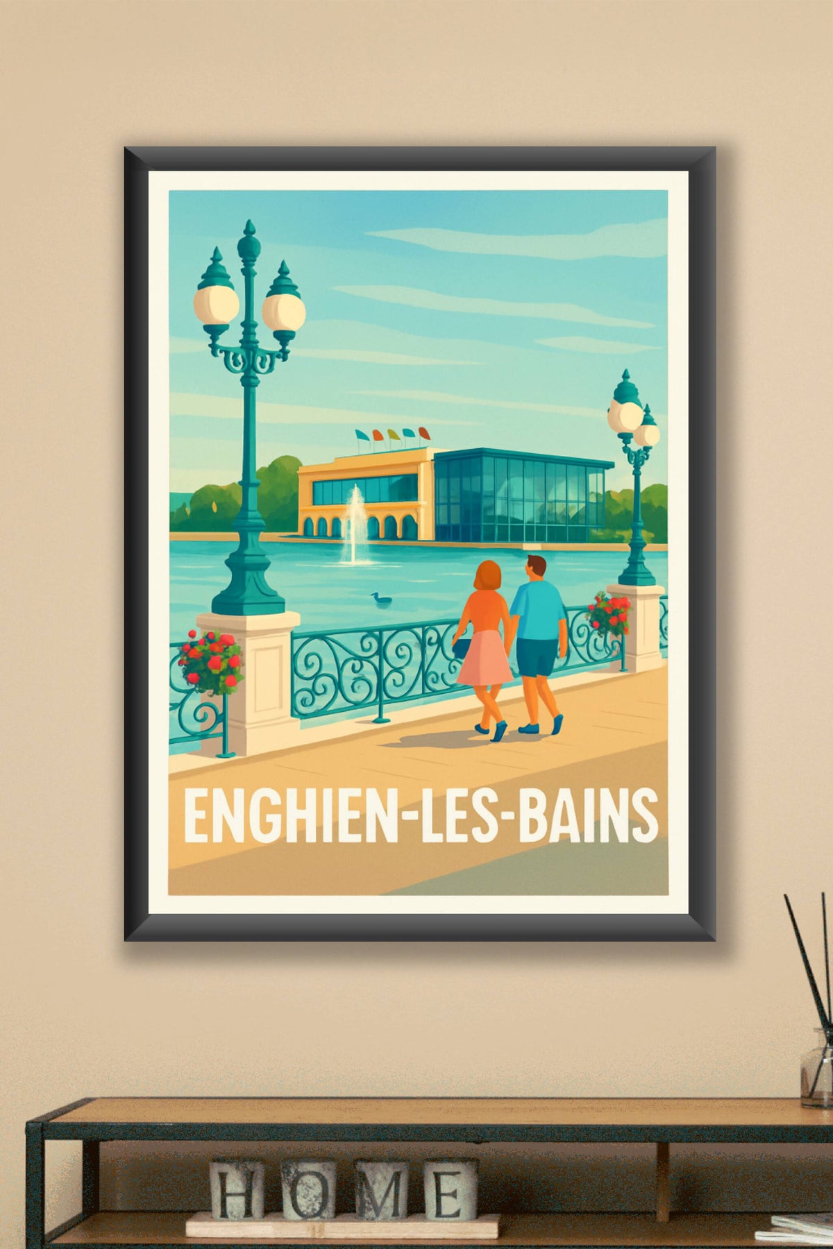 Affiche Enghien-les-Bains — Promenade romantique au bord du lac · poster d'art de Enghien-les-Bains