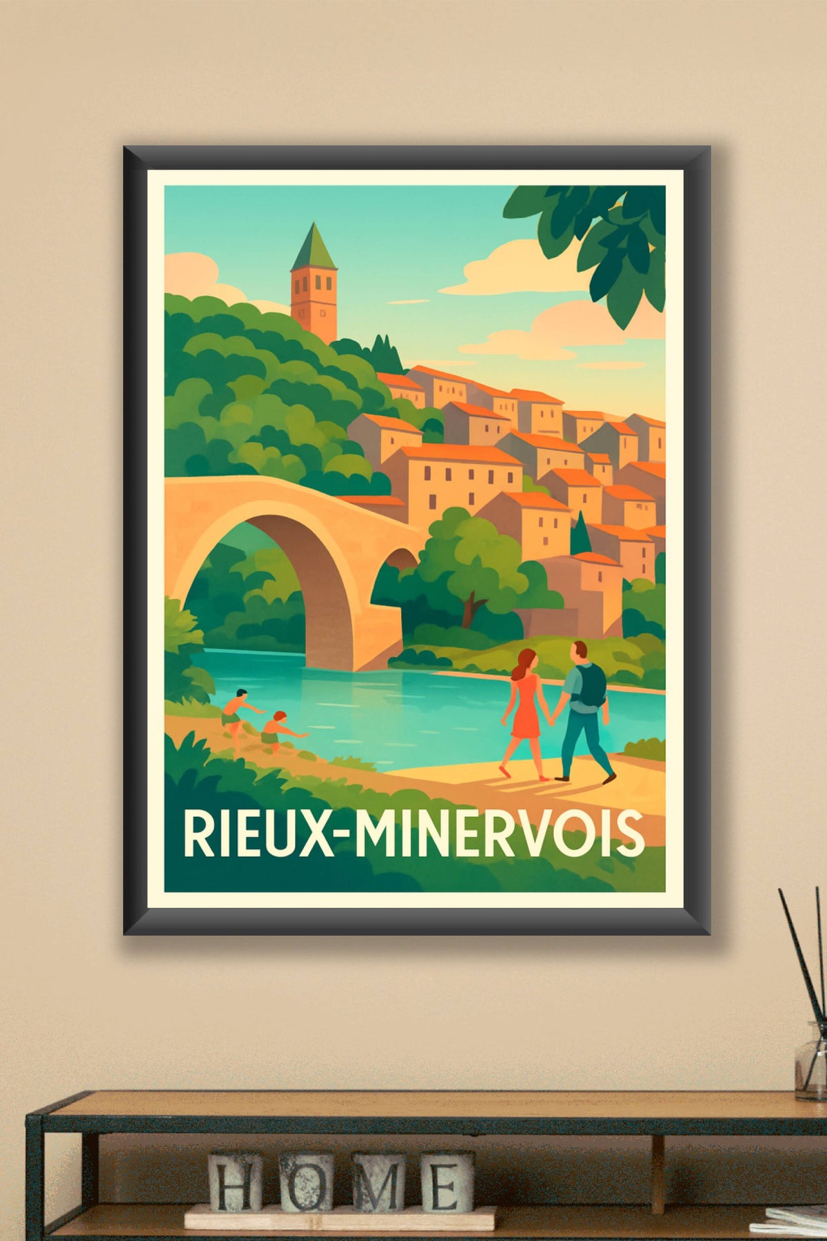 Affiche Rieux-Minervois — Charme bucolique au bord de l'eau · poster d'art de Rieux-Minervois