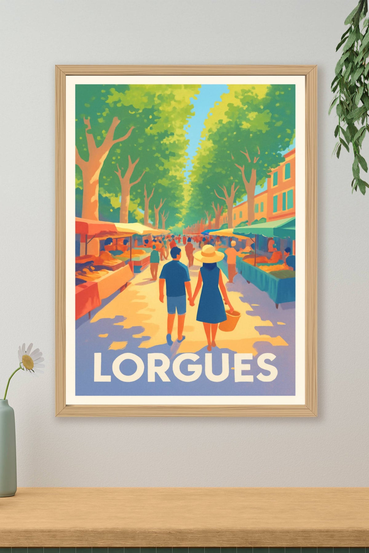 Affiche Lorgues — Promenade ensoleillée au marché provençal · poster d'art de Lorgues