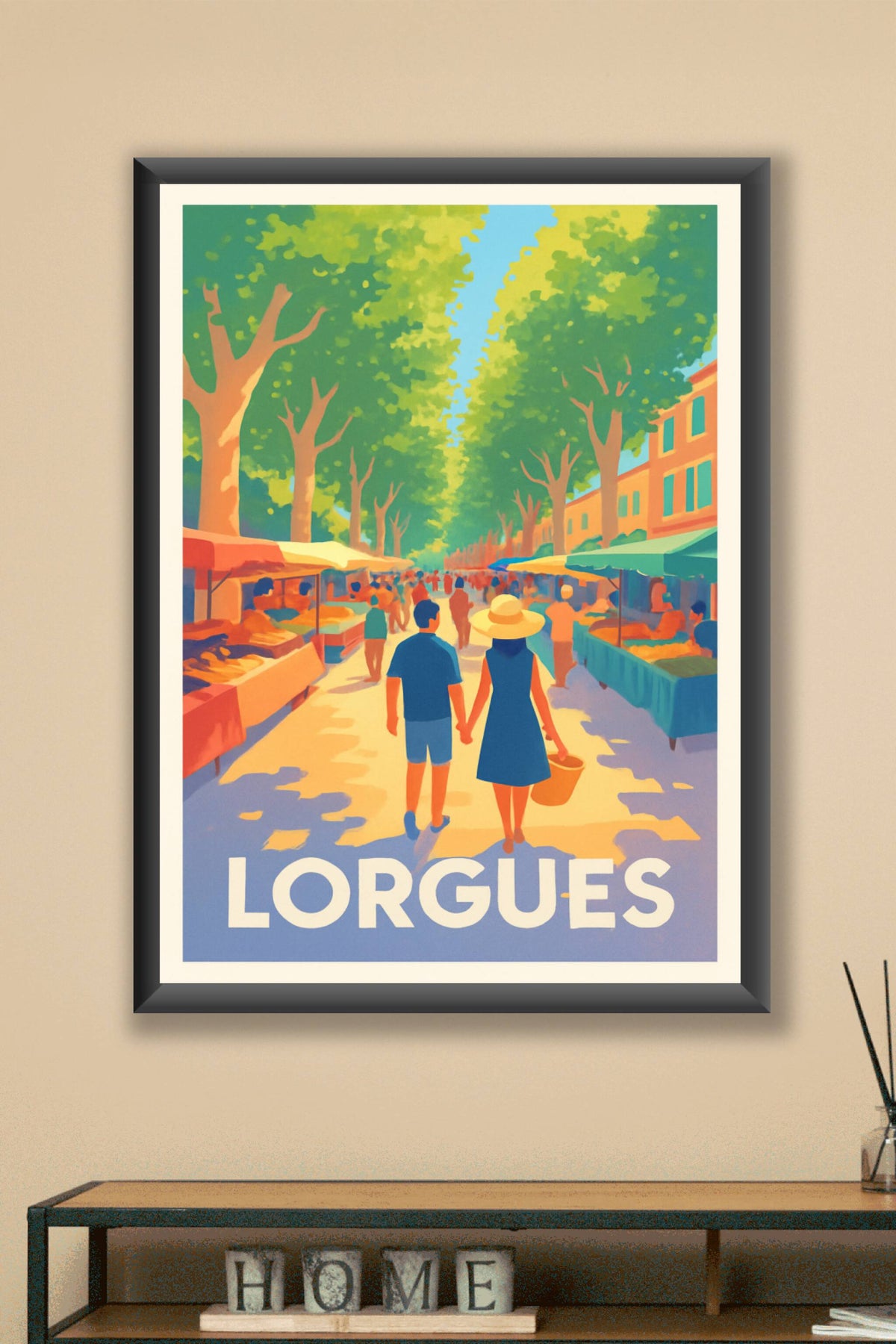 Affiche Lorgues — Promenade ensoleillée au marché provençal · poster d'art de Lorgues