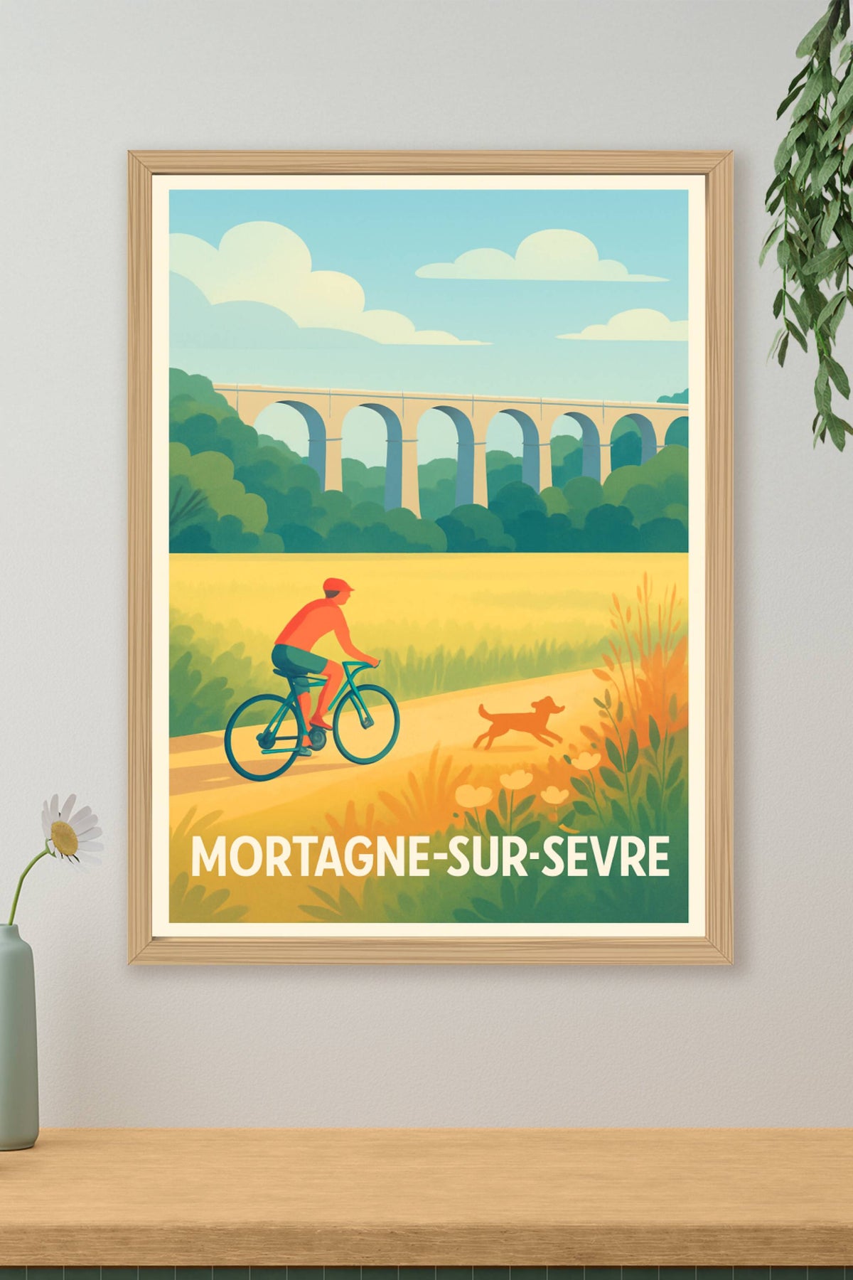 Affiche Mortagne-sur-Sèvre — Promenade bucolique à vélo · poster d'art de Mortagne-sur-Sèvre