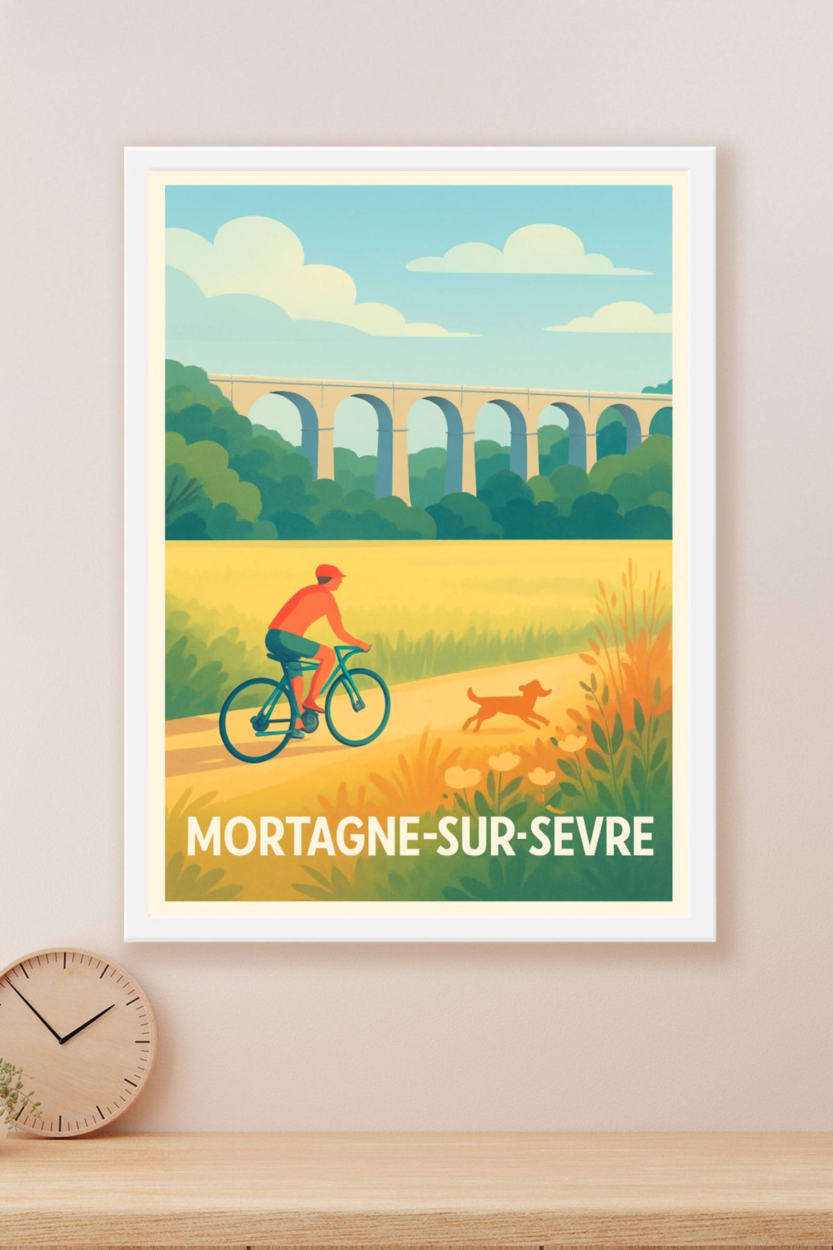 Affiche Mortagne-sur-Sèvre — Promenade bucolique à vélo · poster d'art de Mortagne-sur-Sèvre