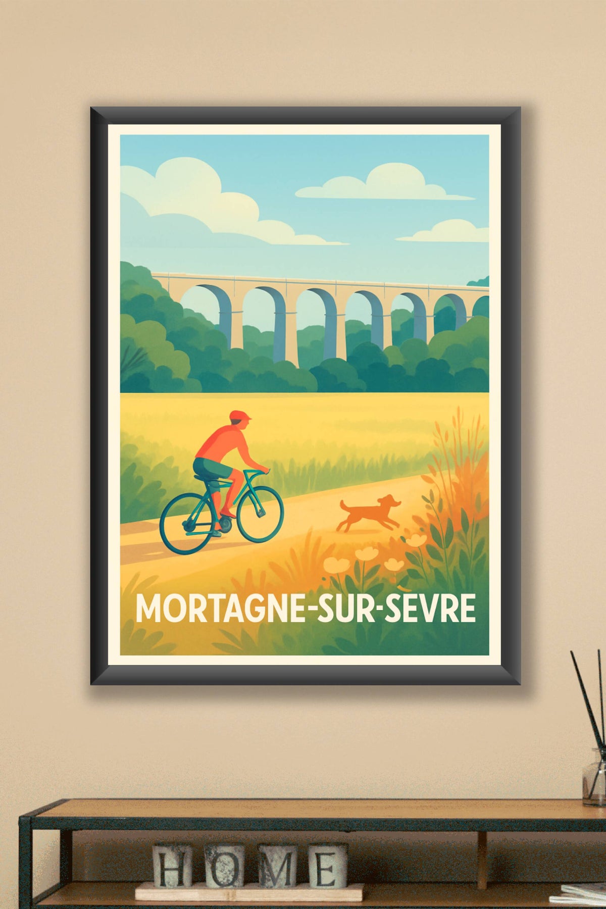 Affiche Mortagne-sur-Sèvre — Promenade bucolique à vélo · poster d'art de Mortagne-sur-Sèvre