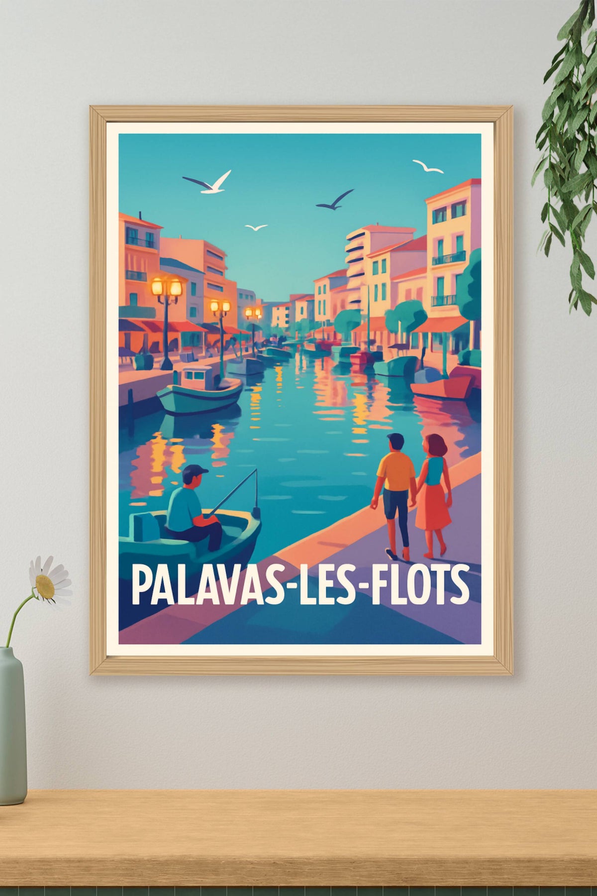 Affiche Palavas-les-Flots — Promenade au bord du canal · poster d'art de Palavas-les-Flots