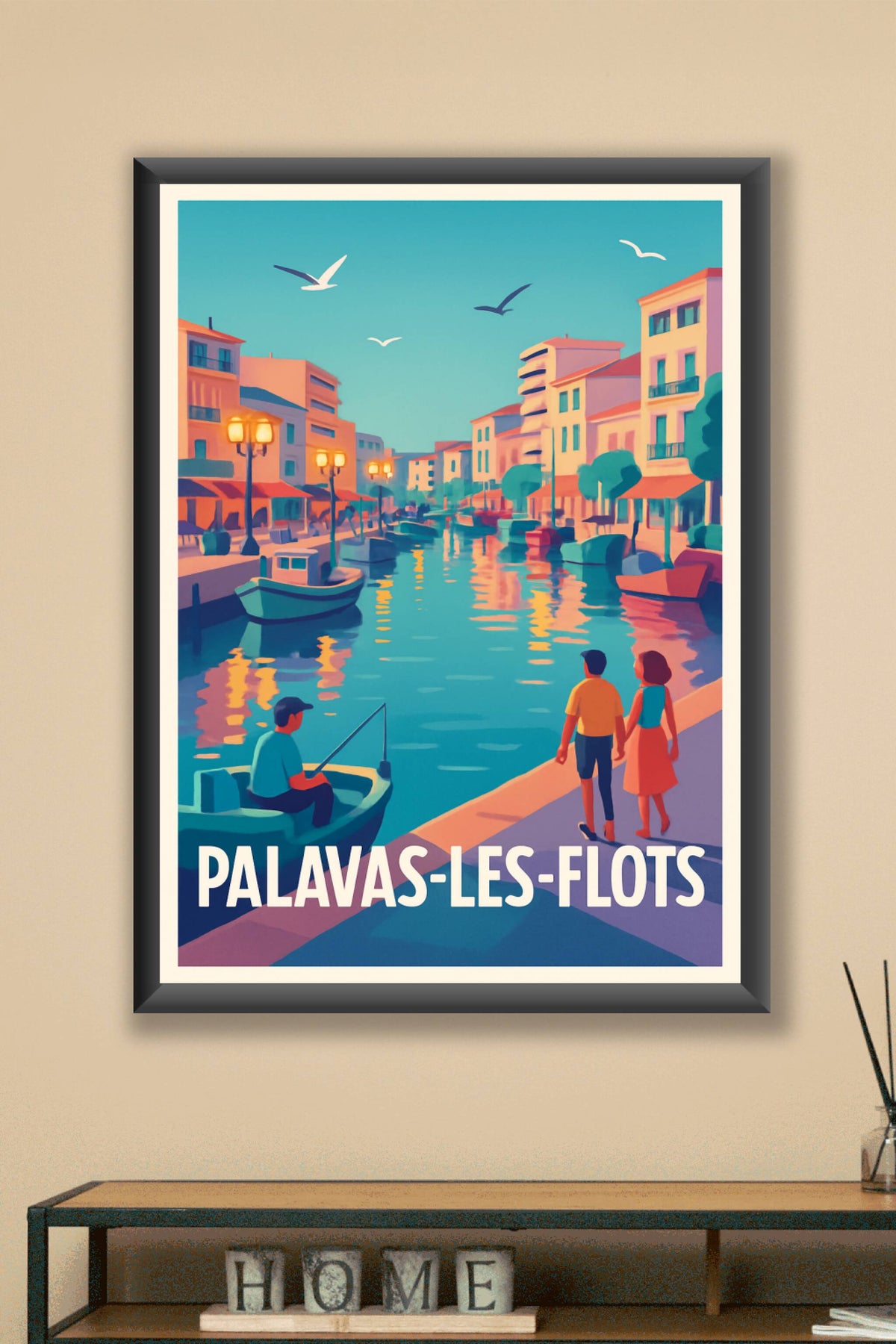 Affiche Palavas-les-Flots — Promenade au bord du canal · poster d'art de Palavas-les-Flots