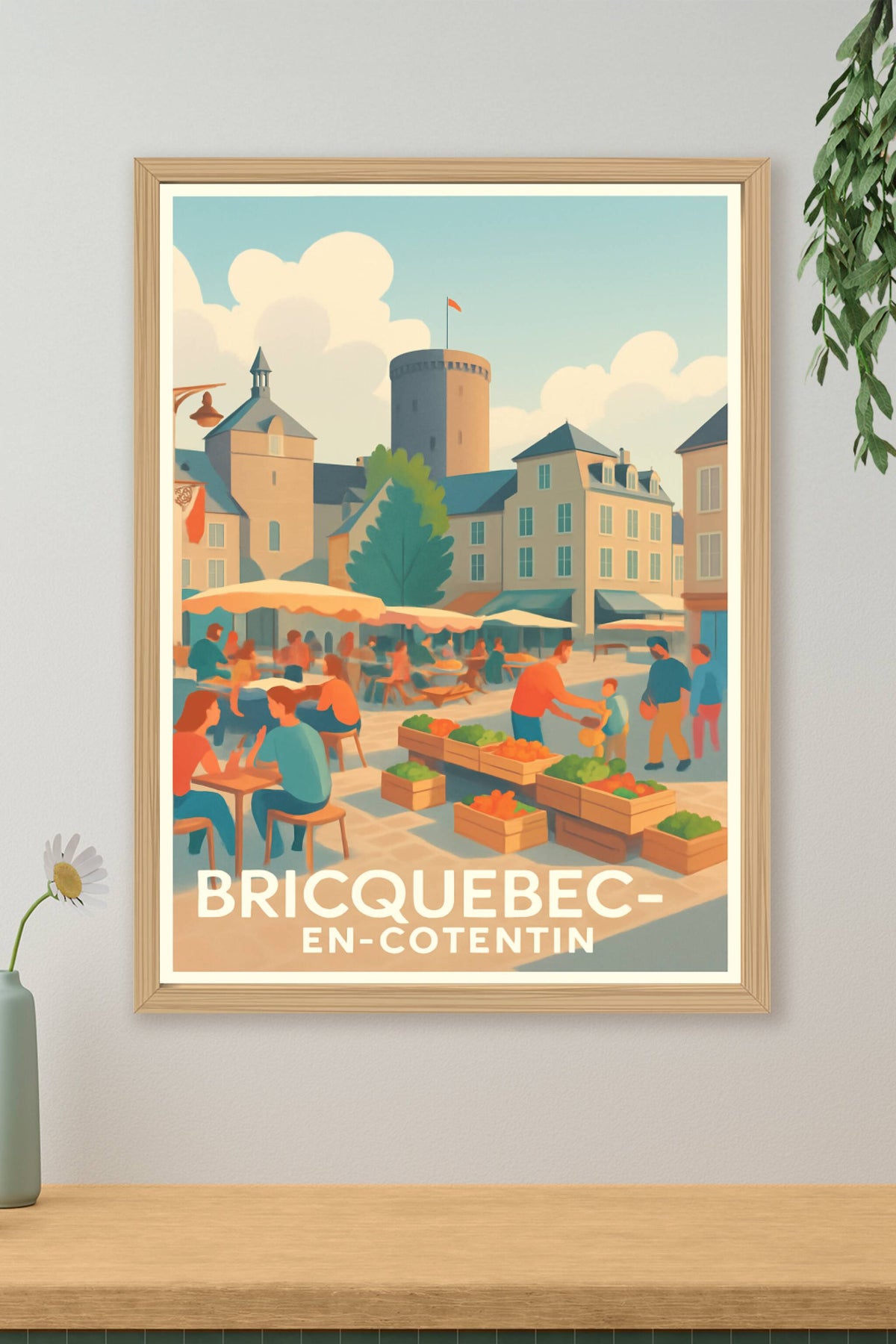 Affiche Bricquebec-en-Cotentin — Ambiance conviviale au marché local · poster d'art de Bricquebec-en-Cotentin