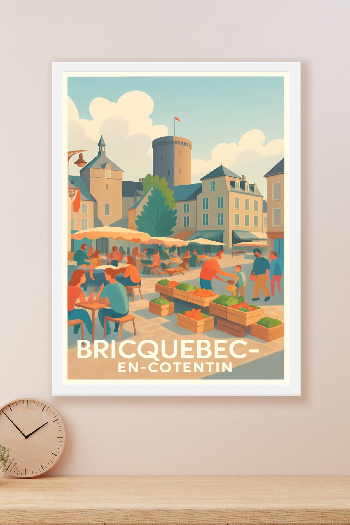 Affiche Bricquebec-en-Cotentin — Ambiance conviviale au marché local · poster d'art de Bricquebec-en-Cotentin