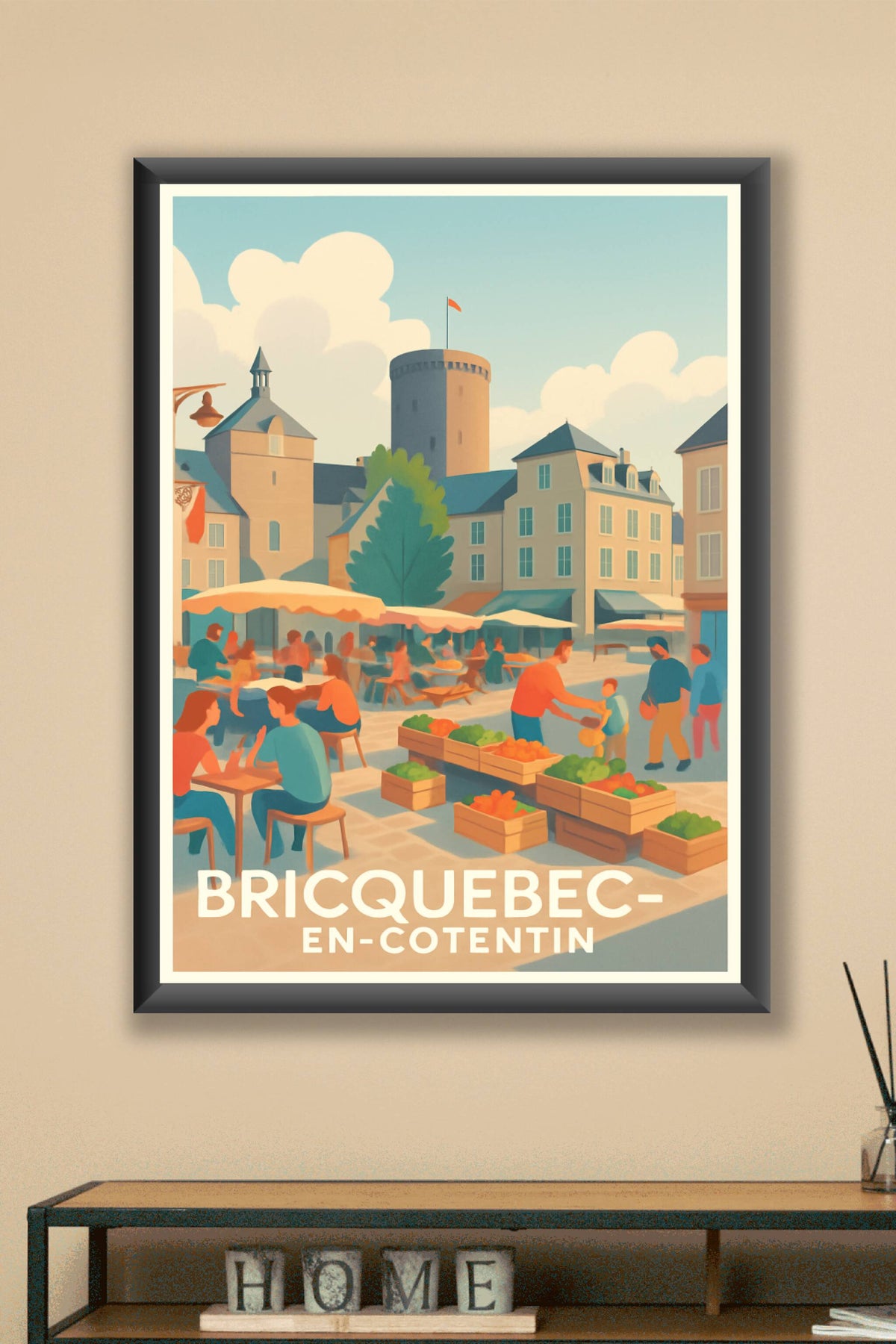 Affiche Bricquebec-en-Cotentin — Ambiance conviviale au marché local · poster d'art de Bricquebec-en-Cotentin