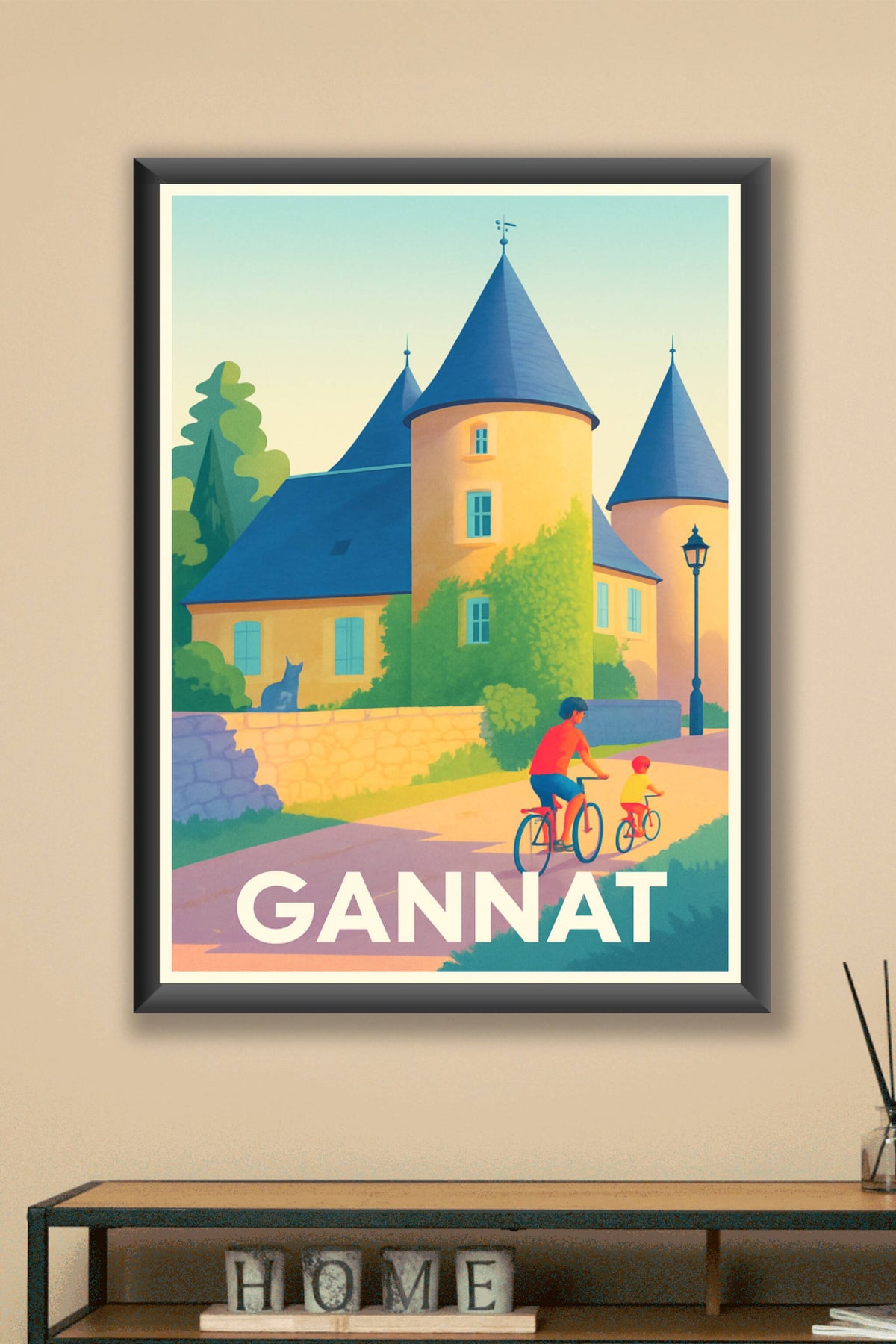 Affiche Gannat — Le charme paisible des ruelles à vélo · poster d'art de Gannat