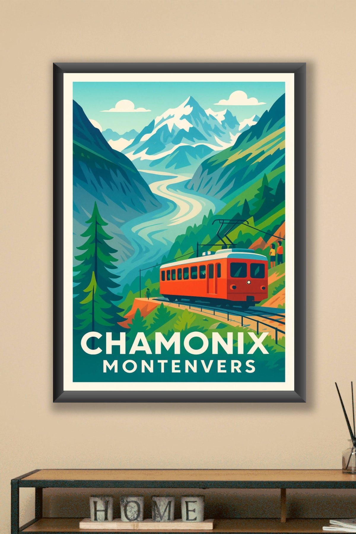 Affiche Chamonix — L'escapade alpine en rouge et vert · poster d'art de Chamonix