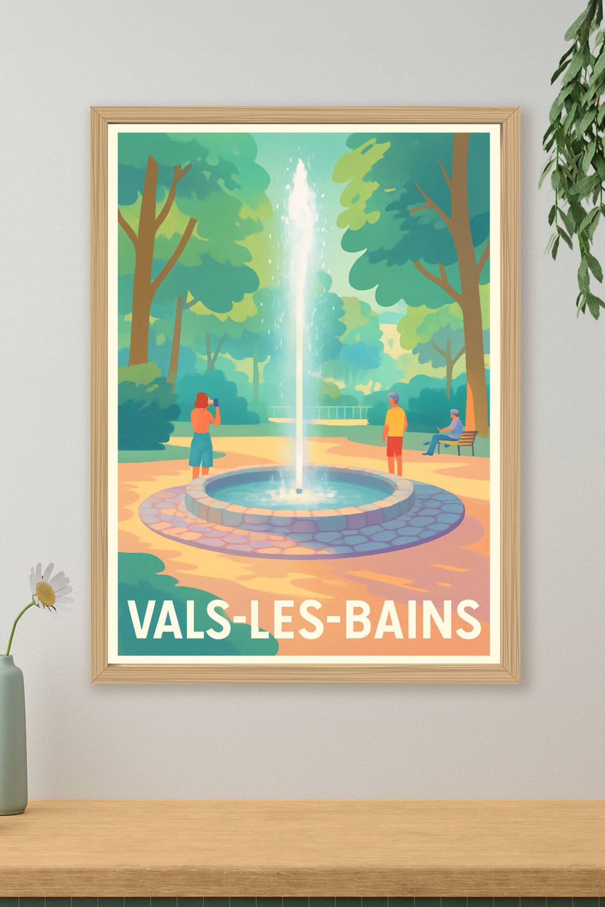 Affiche Vals-les-Bains — Évasion nature et détente au cœur de la fontaine · poster d'art de Vals-les-Bains