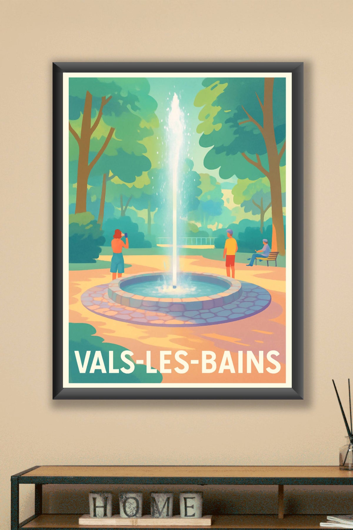 Affiche Vals-les-Bains — Évasion nature et détente au cœur de la fontaine · poster d'art de Vals-les-Bains