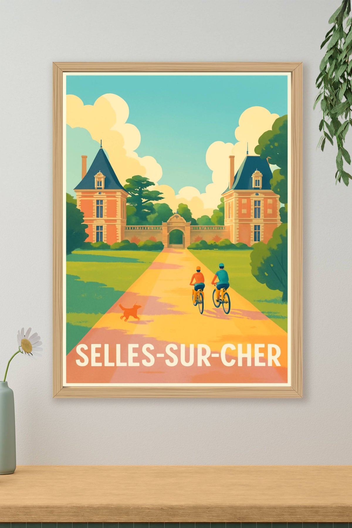 Affiche Selles-sur-Cher — Promenade à vélo dans un cadre historique · poster d'art de Selles-sur-Cher