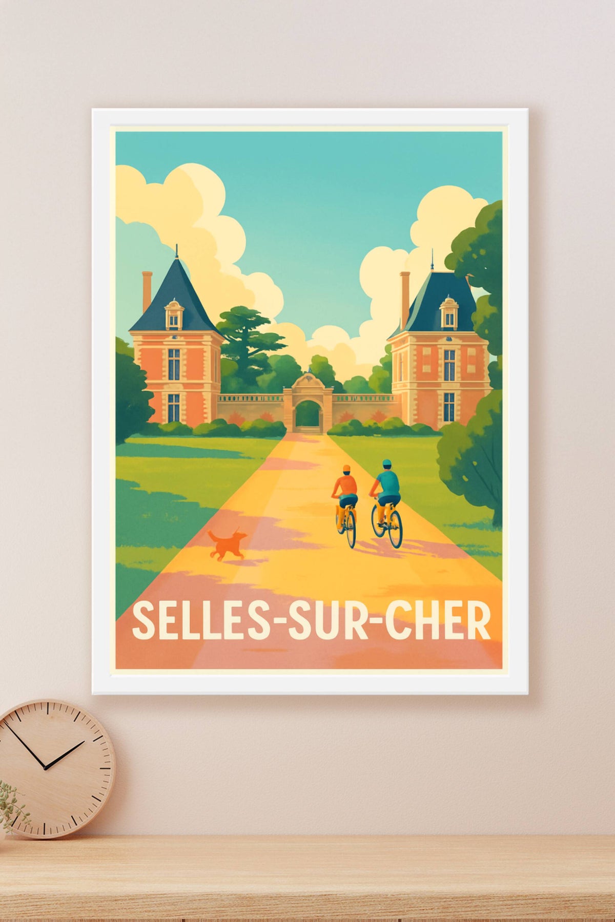 Affiche Selles-sur-Cher — Promenade à vélo dans un cadre historique · poster d'art de Selles-sur-Cher