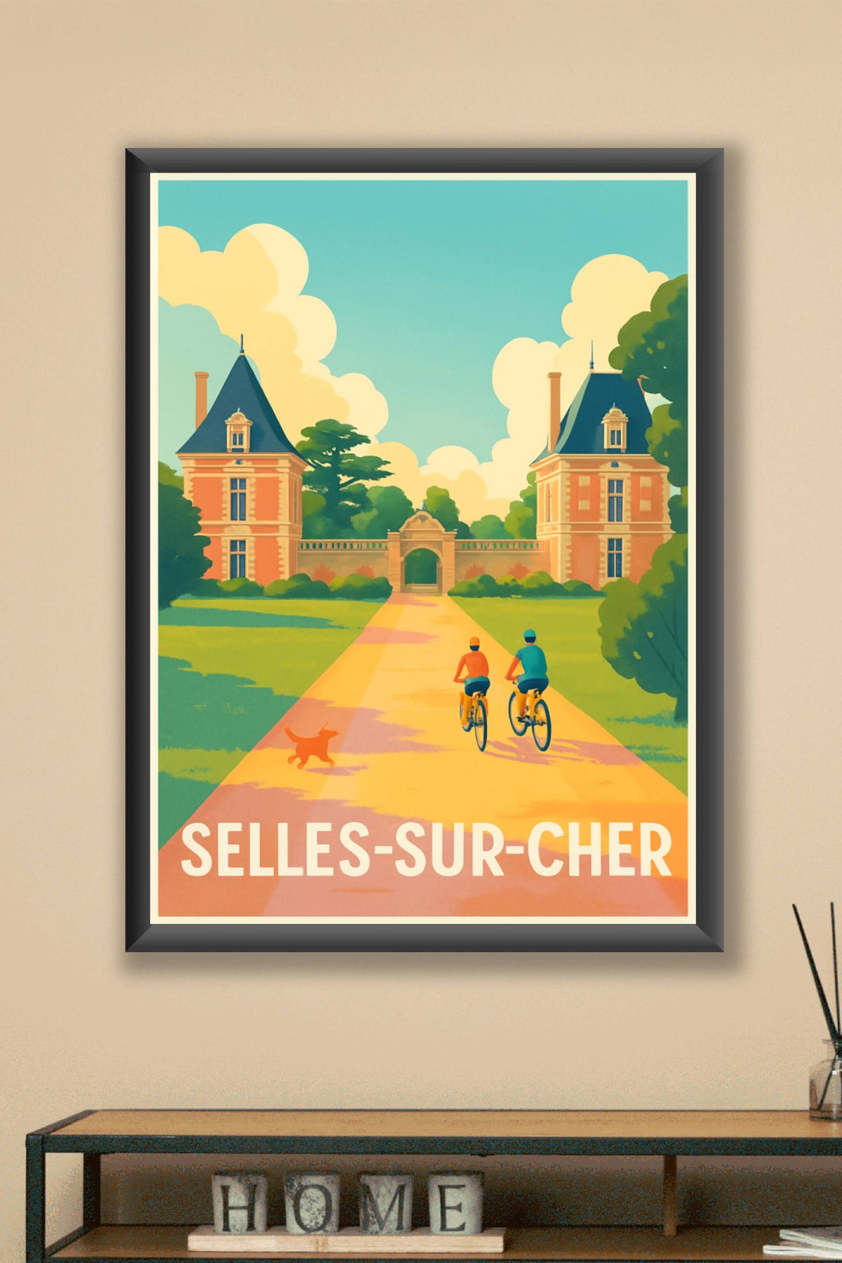 Affiche Selles-sur-Cher — Promenade à vélo dans un cadre historique · poster d'art de Selles-sur-Cher