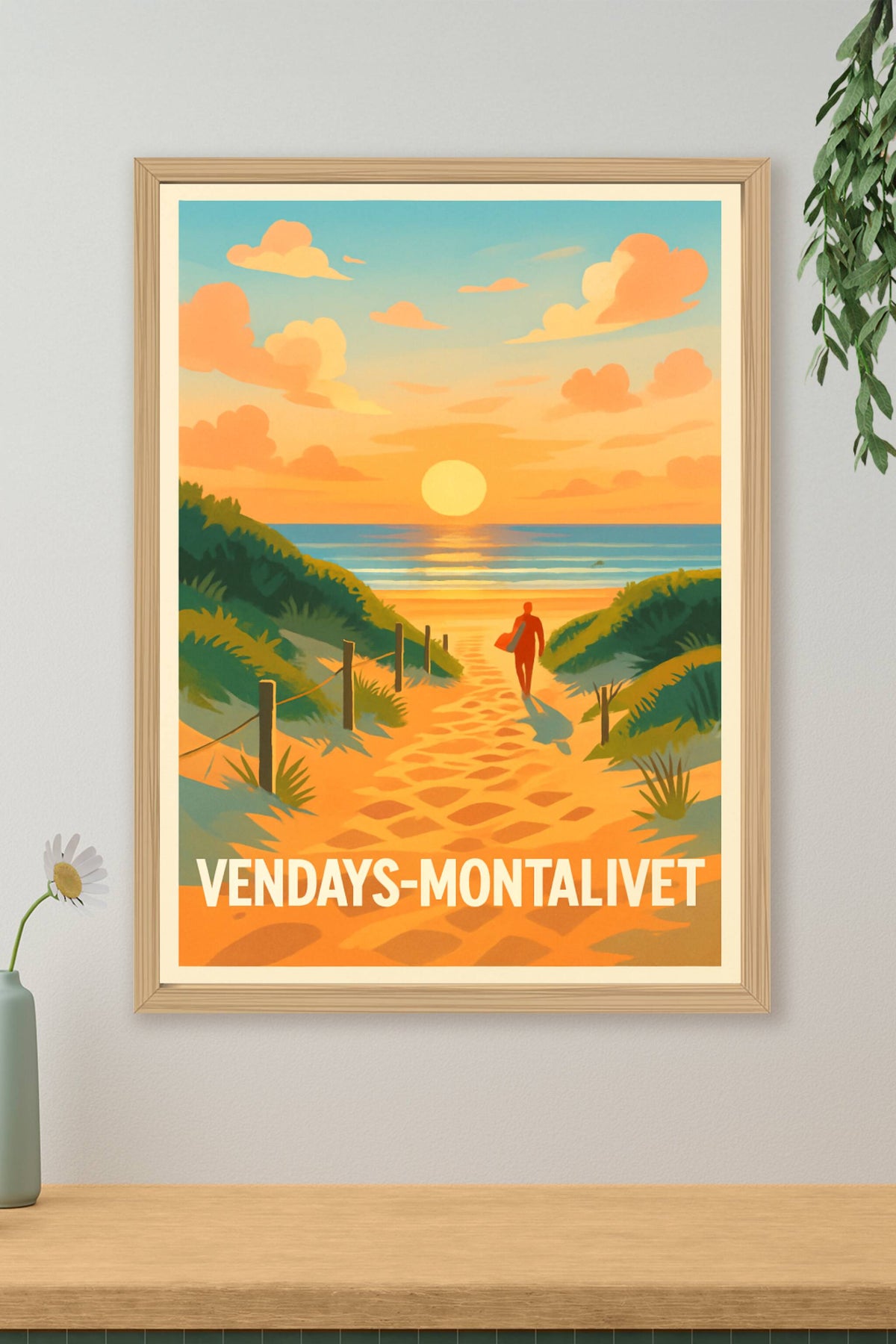 Affiche Vendays-Montalivet — L'appel du coucher de soleil sur la plage · poster d'art de Vendays-Montalivet