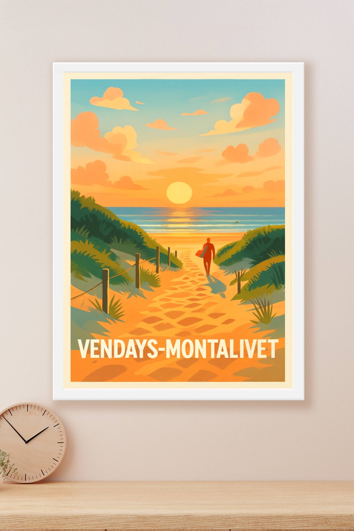 Affiche Vendays-Montalivet — L'appel du coucher de soleil sur la plage · poster d'art de Vendays-Montalivet