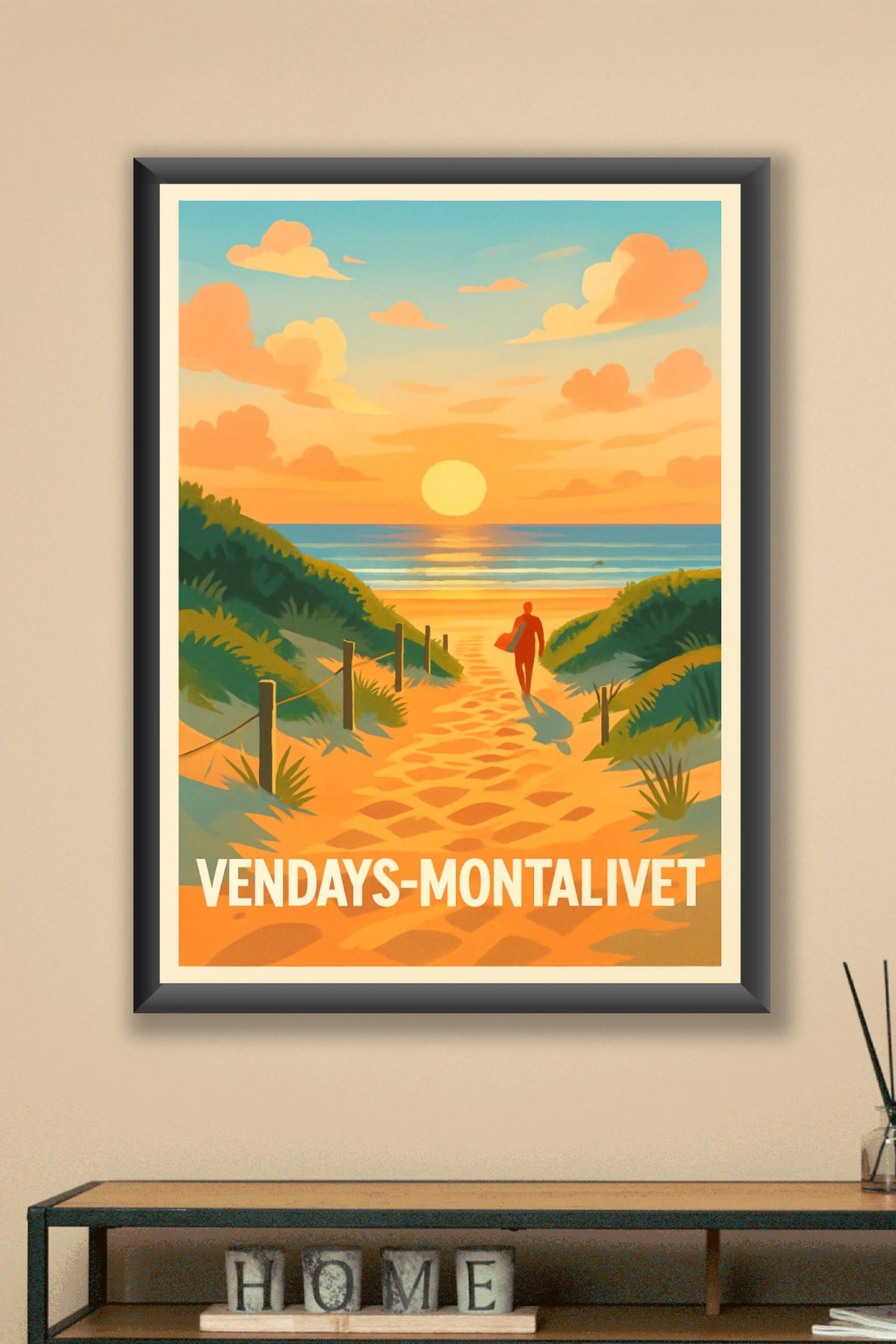 Affiche Vendays-Montalivet — L'appel du coucher de soleil sur la plage · poster d'art de Vendays-Montalivet