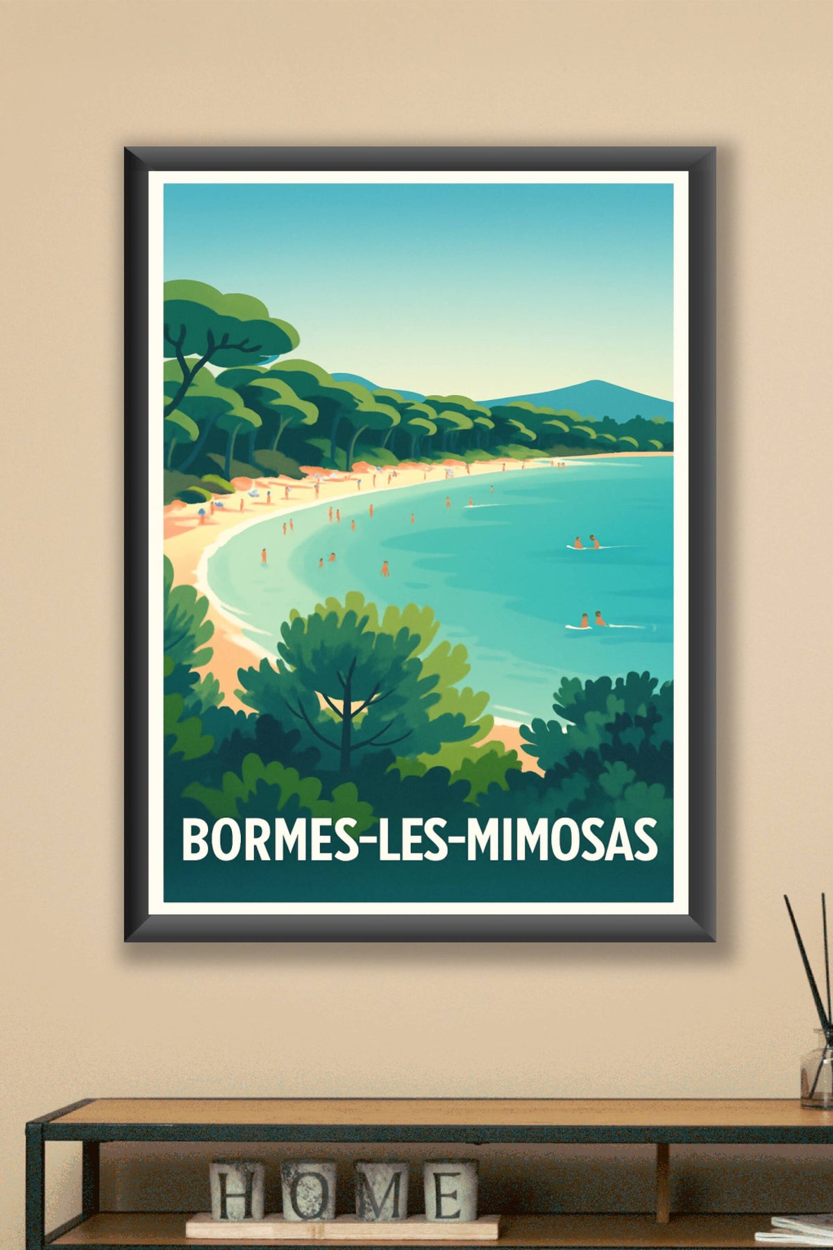 Affiche Bormes-les-Mimosas — Plage et nature préservée · poster d'art de Bormes-les-Mimosas