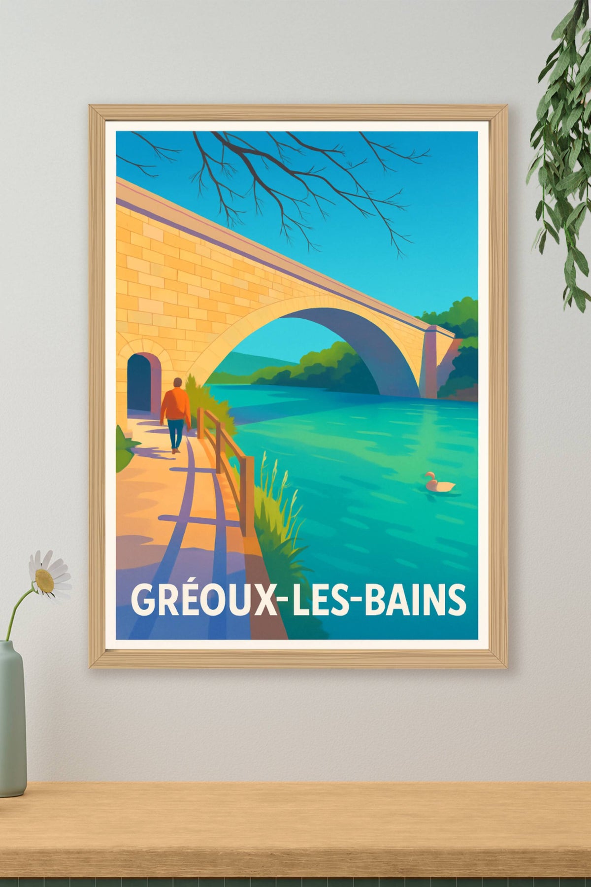 Affiche Gréoux-les-Bains — Escapade paisible au bord de l'eau · poster d'art de Gréoux-les-Bains