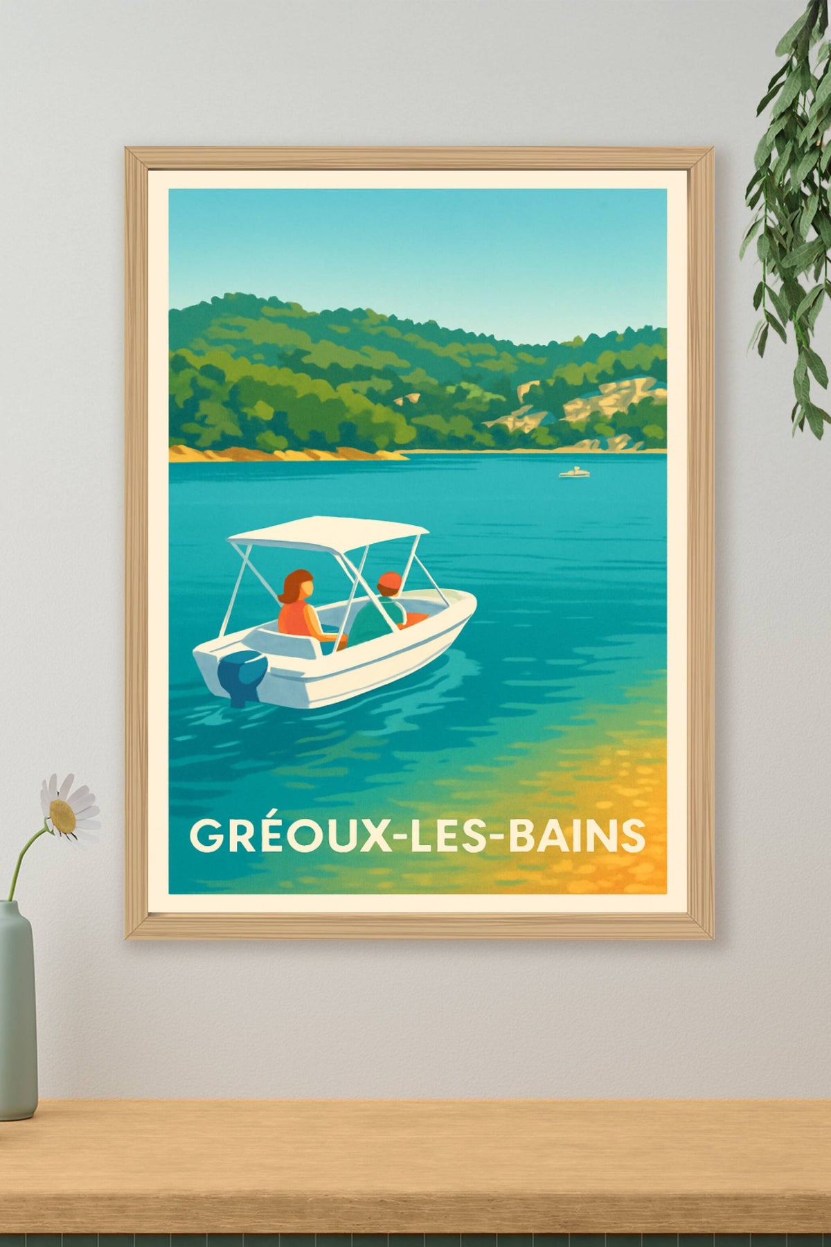 Affiche Gréoux-les-Bains — Évasion paisible sur les eaux turquoise · poster d'art de Gréoux-les-Bains