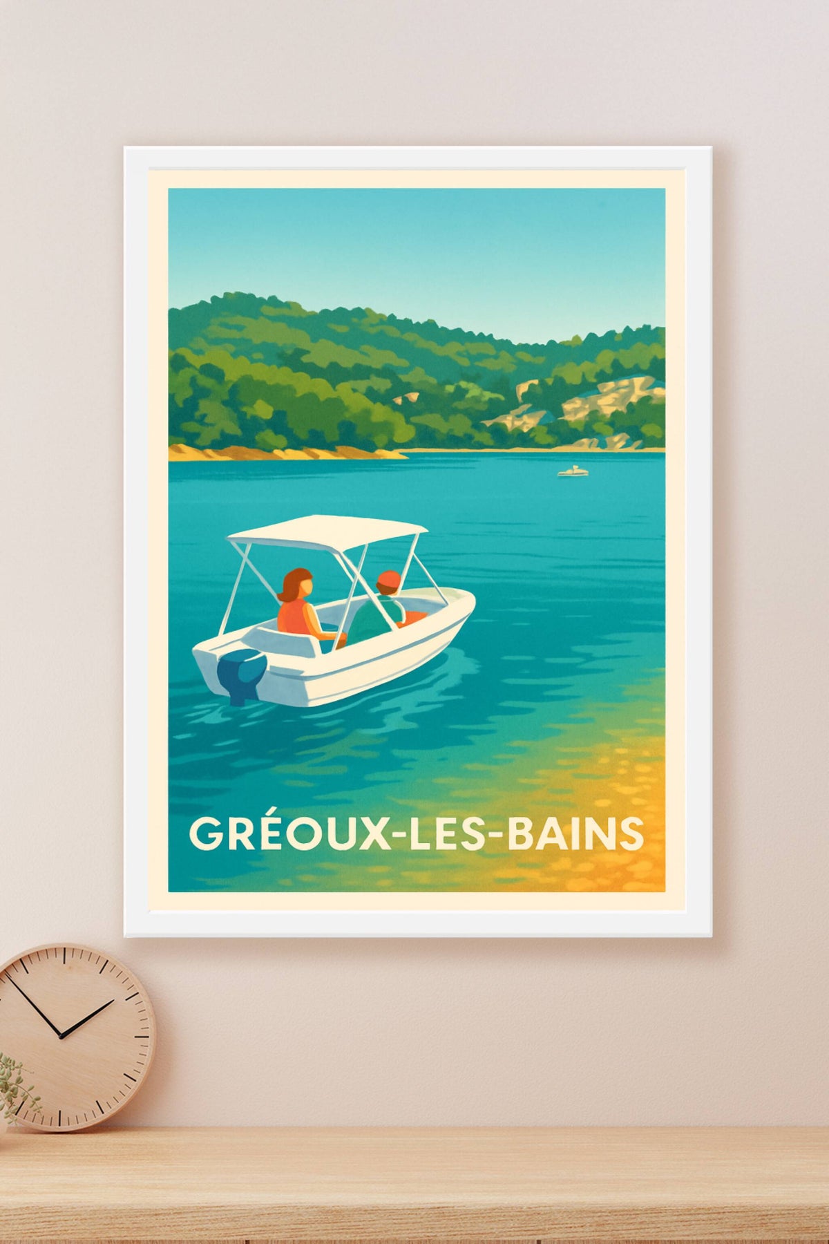 Affiche Gréoux-les-Bains — Évasion paisible sur les eaux turquoise · poster d'art de Gréoux-les-Bains