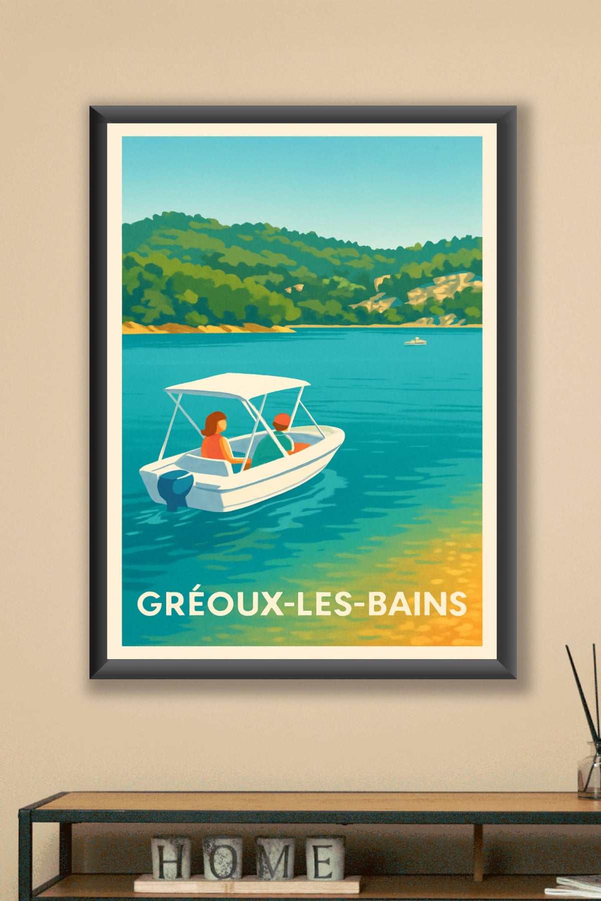 Affiche Gréoux-les-Bains — Évasion paisible sur les eaux turquoise · poster d'art de Gréoux-les-Bains
