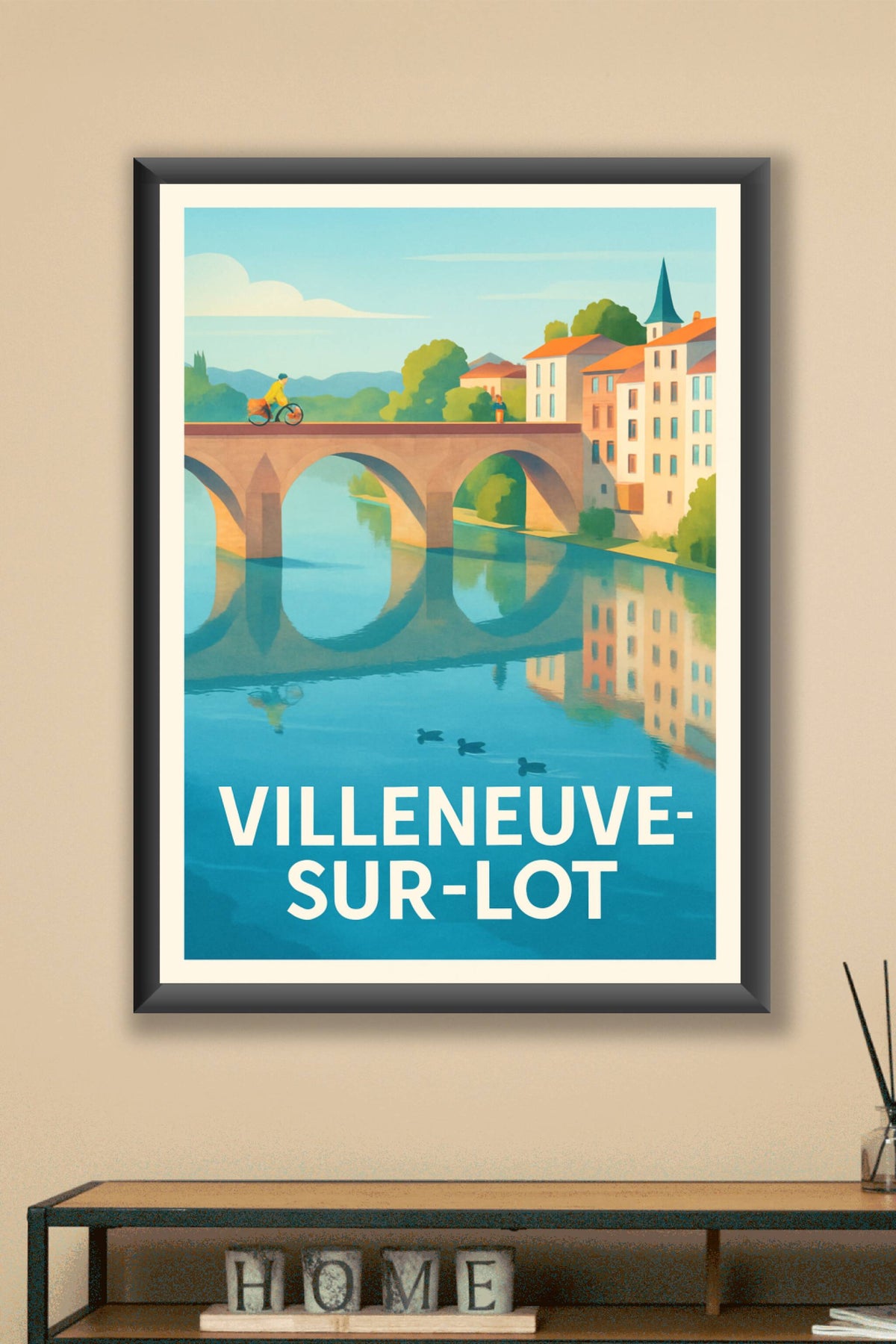 Affiche Villeneuve-sur-Lot — Évasion paisible entre rivière et ponts · poster d'art de Villeneuve-sur-Lot