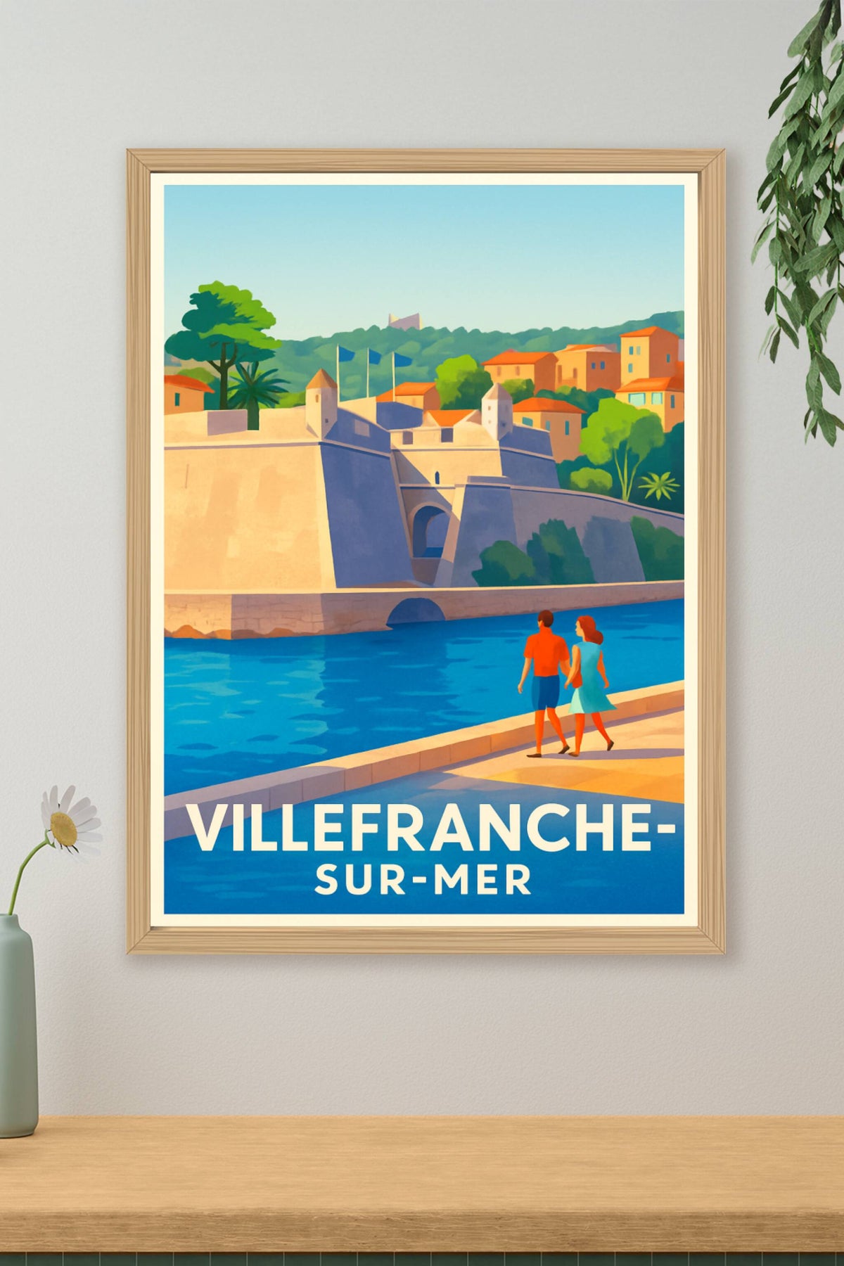 Affiche Villefranche-sur-Mer — Promenade au bord de l'eau en Côte d'Azur · poster d'art de Villefranche-sur-Mer