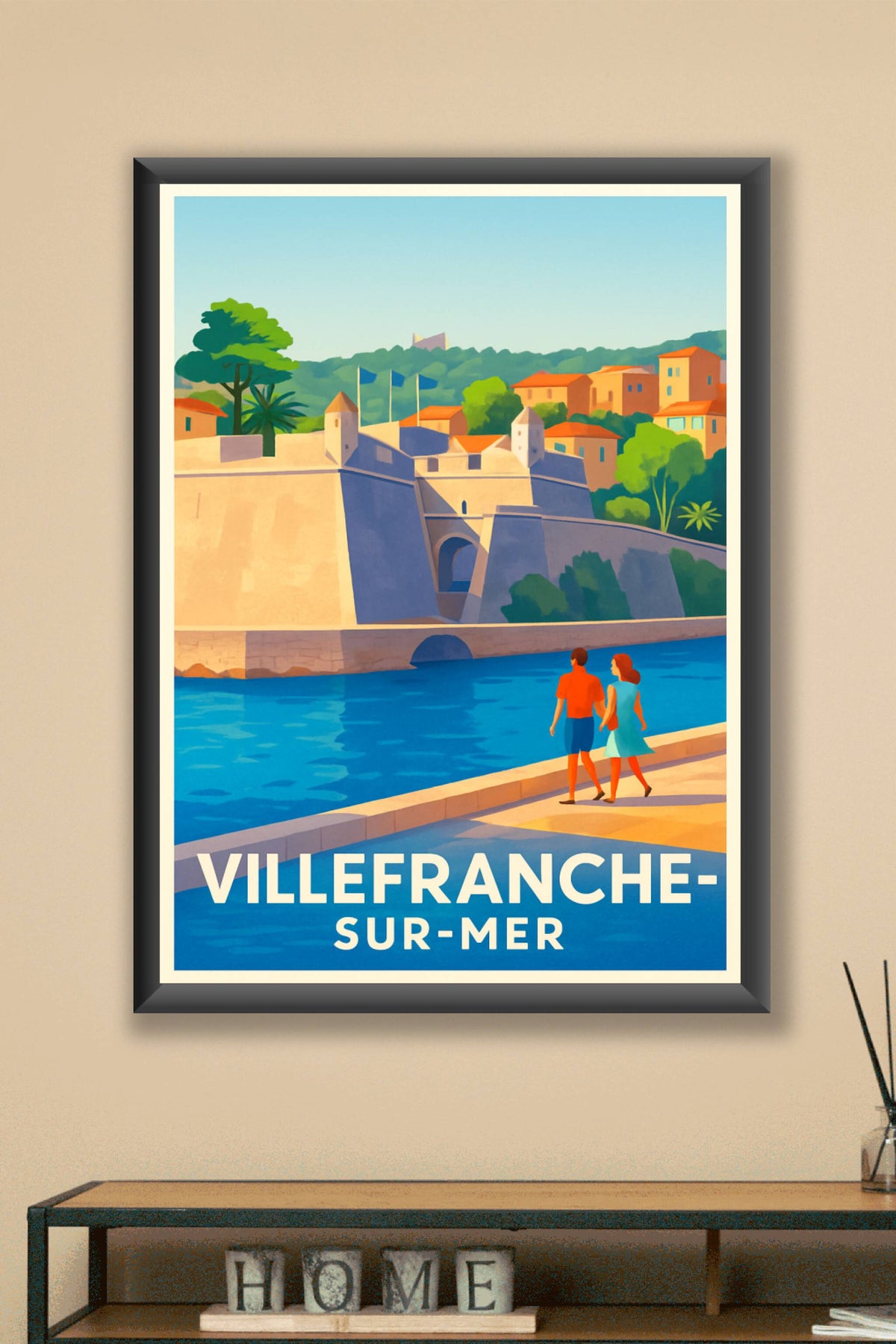 Affiche Villefranche-sur-Mer — Promenade au bord de l'eau en Côte d'Azur · poster d'art de Villefranche-sur-Mer