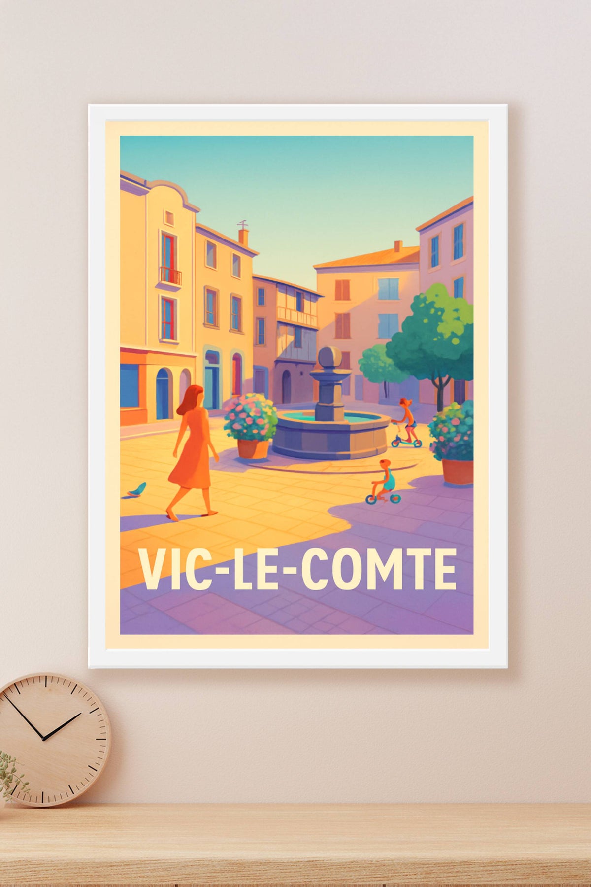 Affiche Vic-le-Comte — Charmante Place ensoleillée · poster d'art de Vic-le-Comte