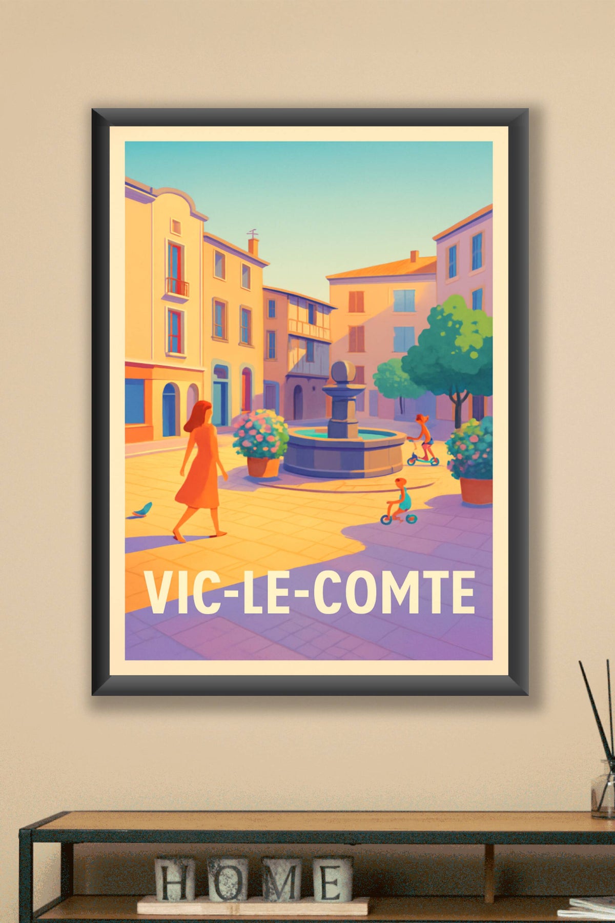 Affiche Vic-le-Comte — Charmante Place ensoleillée · poster d'art de Vic-le-Comte