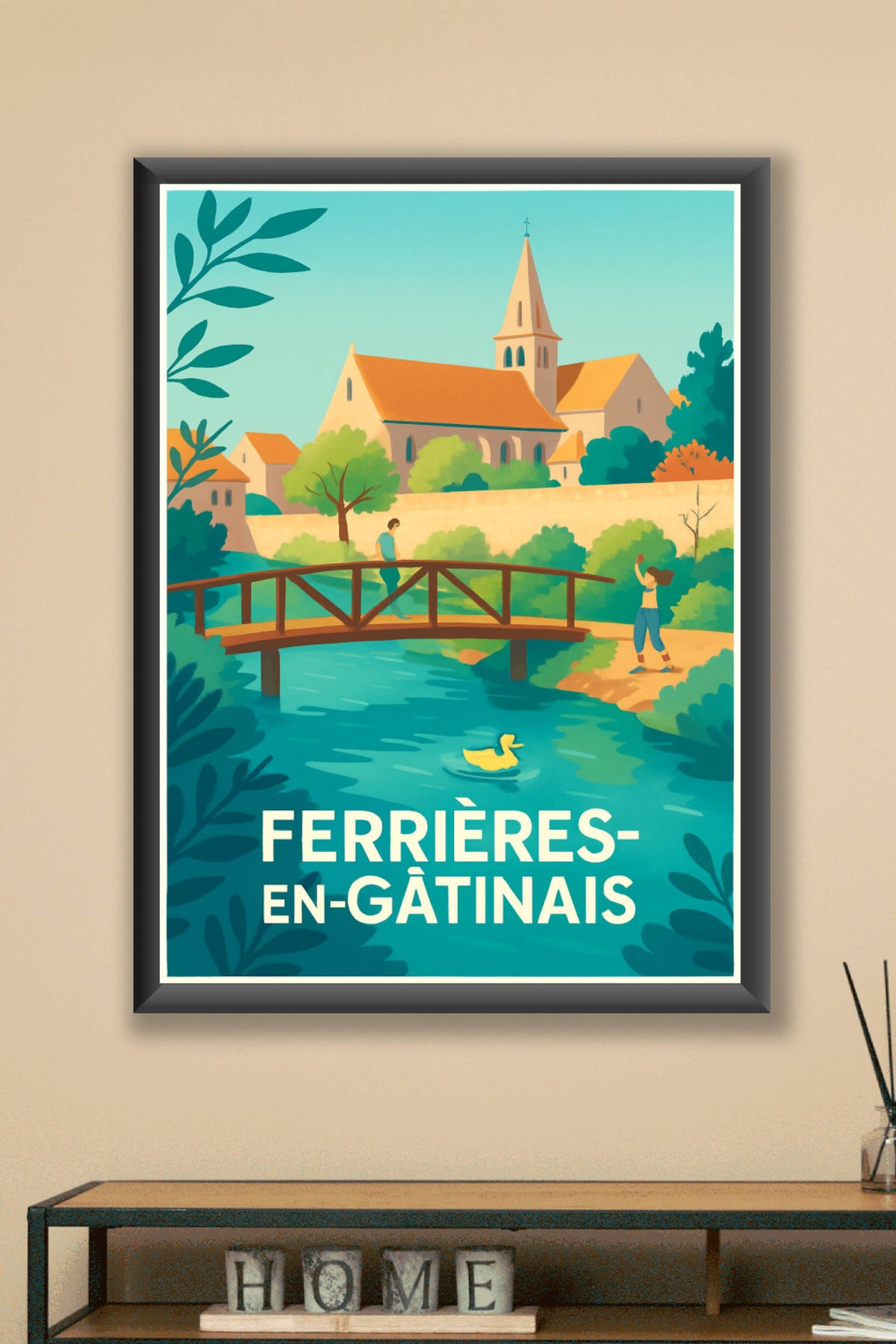 Affiche Ferrières-en-Gâtinais — Charme bucolique au fil de l'eau · poster d'art de Ferrières-en-Gâtinais